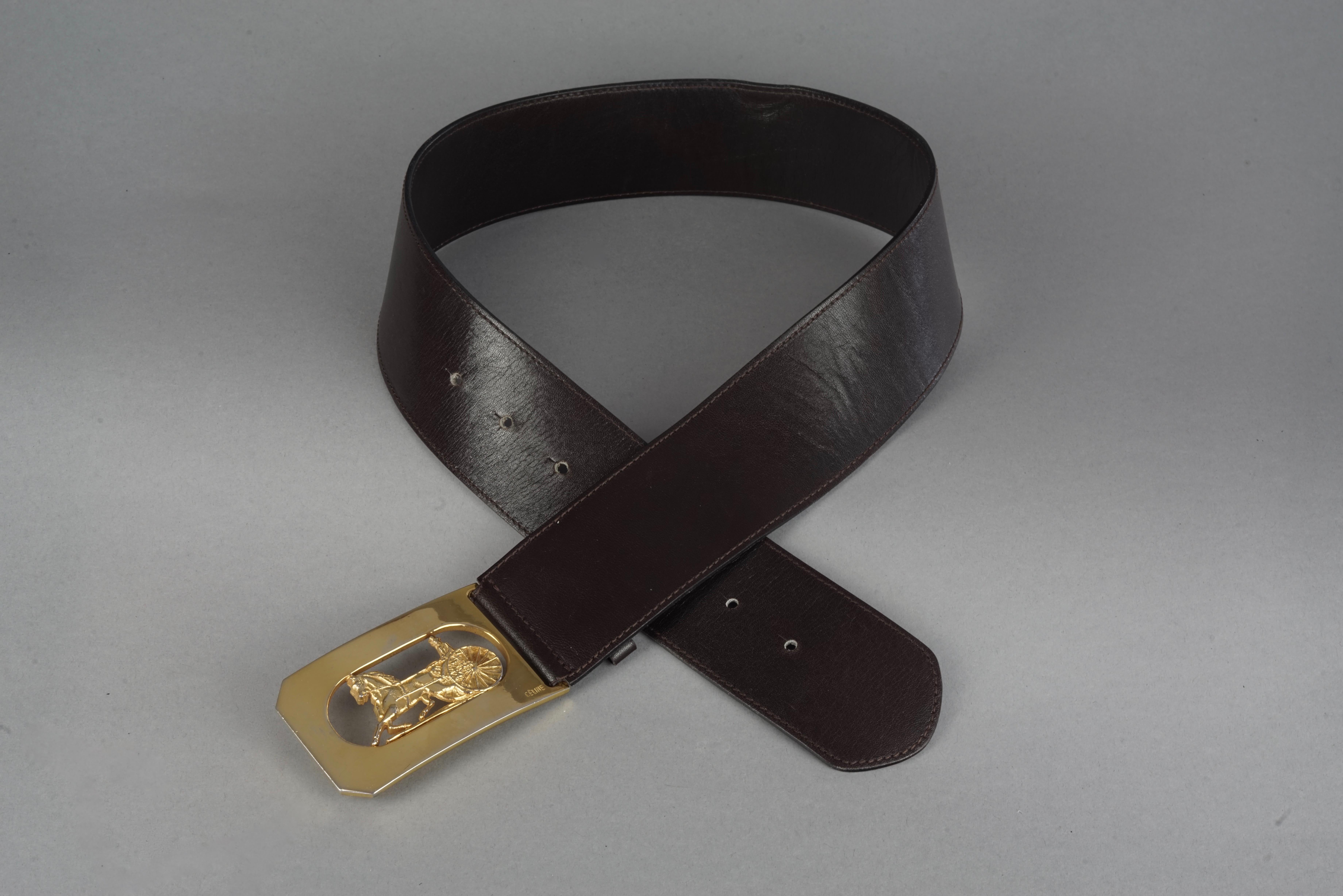 Vintage CELINE PARIS Horse Carriage Buckle Dark Brown Leather Belt For Sale 1