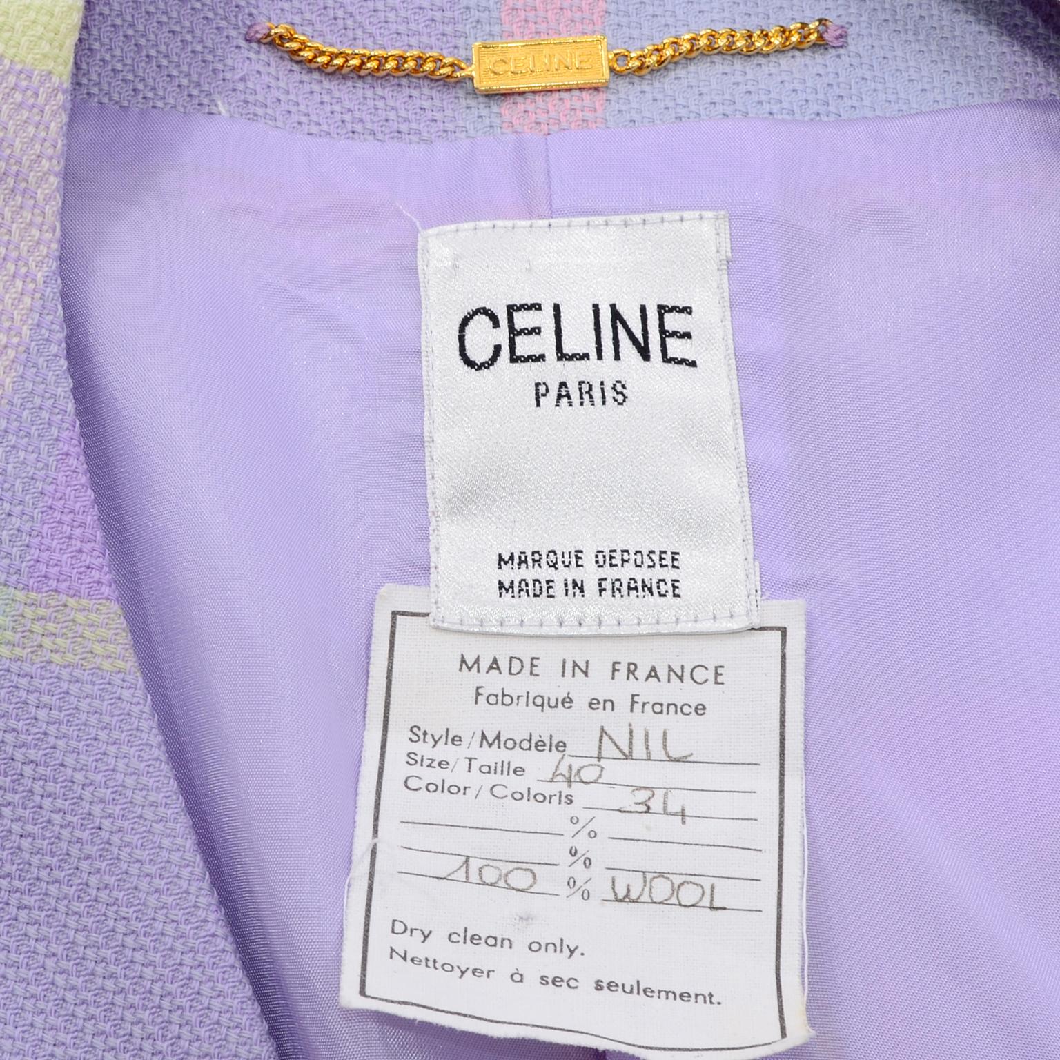 Vintage Celine Paris Purple Yellow Plaid Wool Blazer Made in France 1