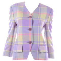 Vintage Celine Paris Purple Yellow Plaid Wool Blazer Made in France