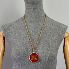 Vintage CELINE PARIS Triomphe Logo Red Enamel Medallion Pendant