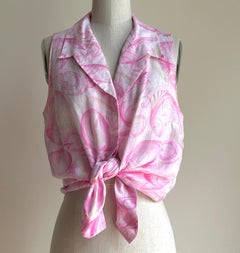 Vintage Celine Pink Linen Fish Print Sleeveless Blouse