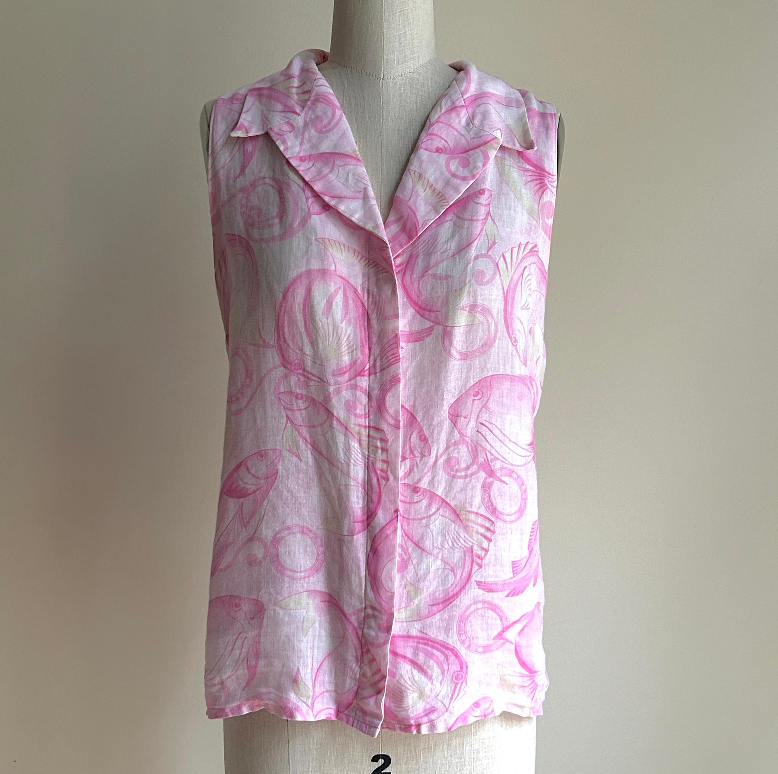 Vintage Celine Pink Linen Fish Print Sleeveless Blouse  In Excellent Condition For Sale In San Francisco, CA