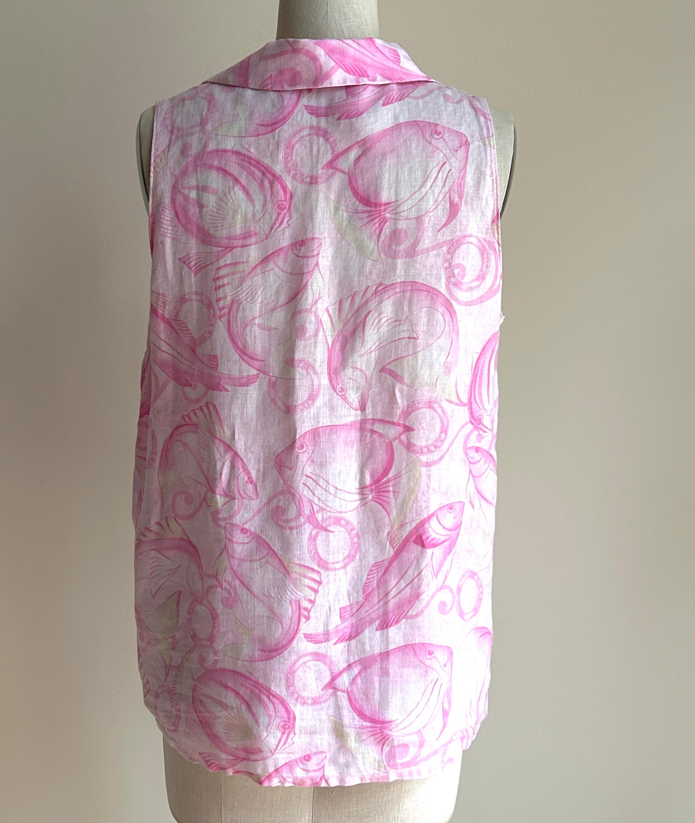 Vintage Celine Pink Linen Fish Print Sleeveless Blouse  For Sale 1