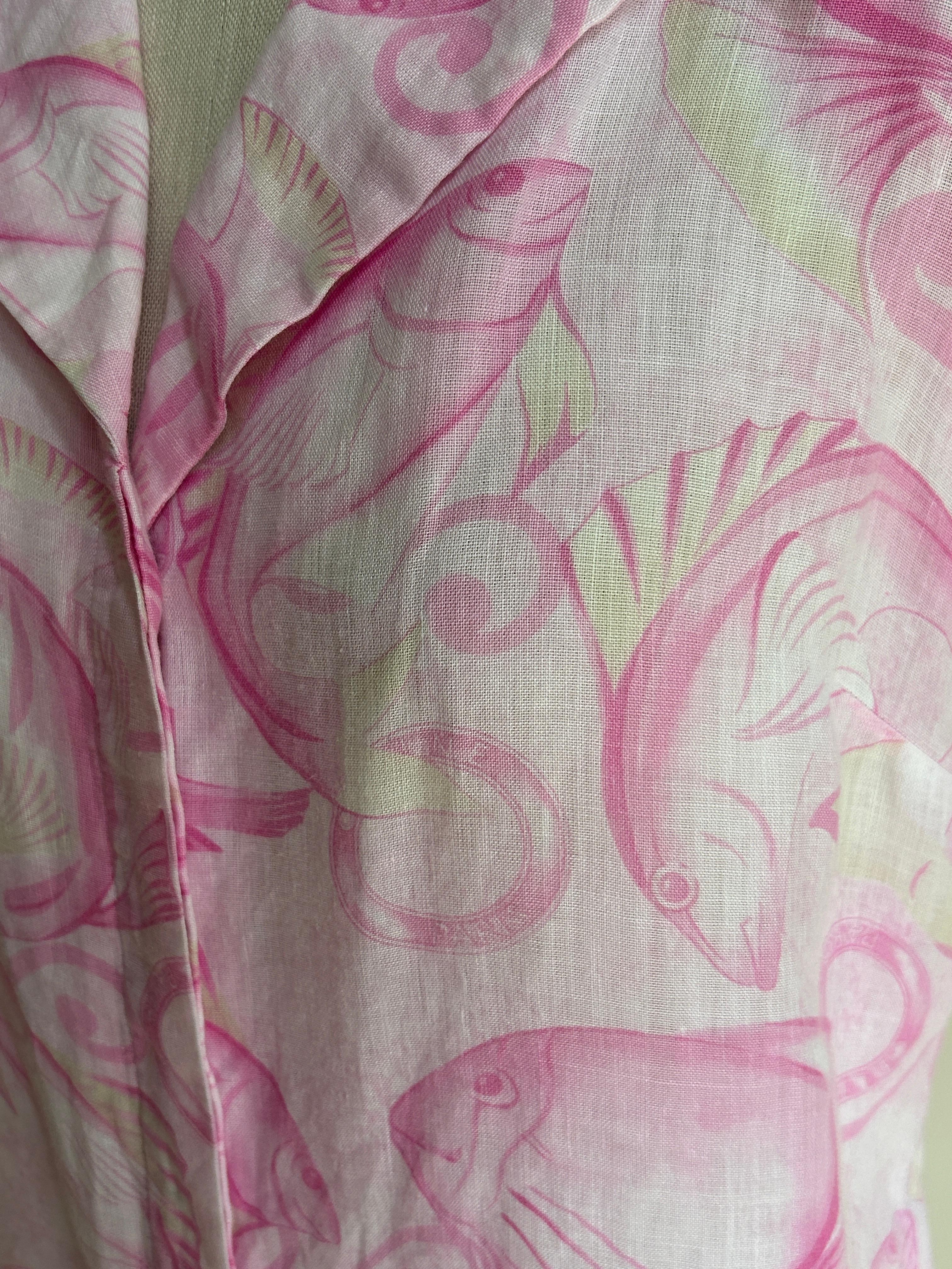 Vintage Celine Pink Linen Fish Print Sleeveless Blouse  For Sale 2