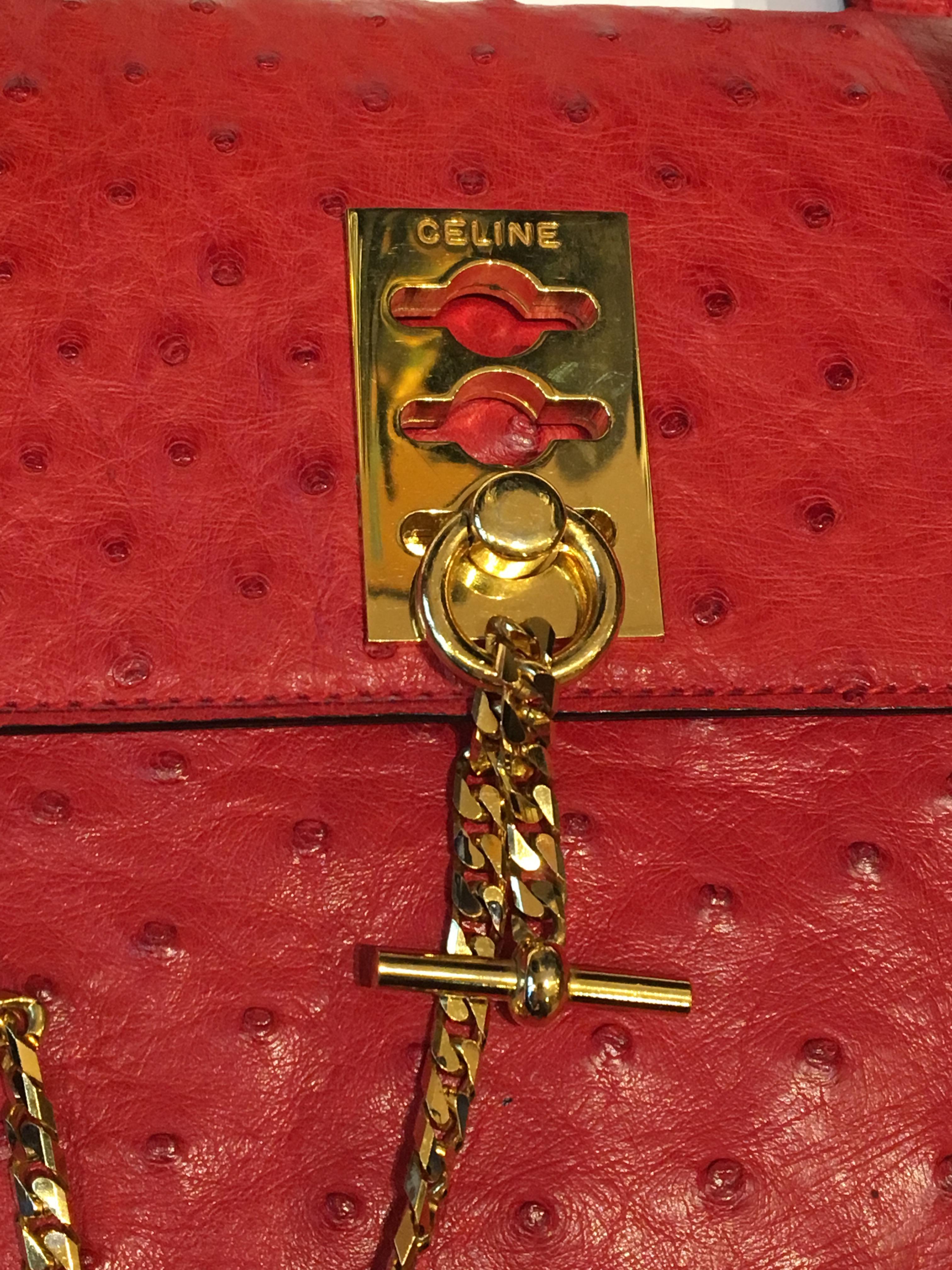 Vintage Celine Red Ostrich bag with golden hardware. 6