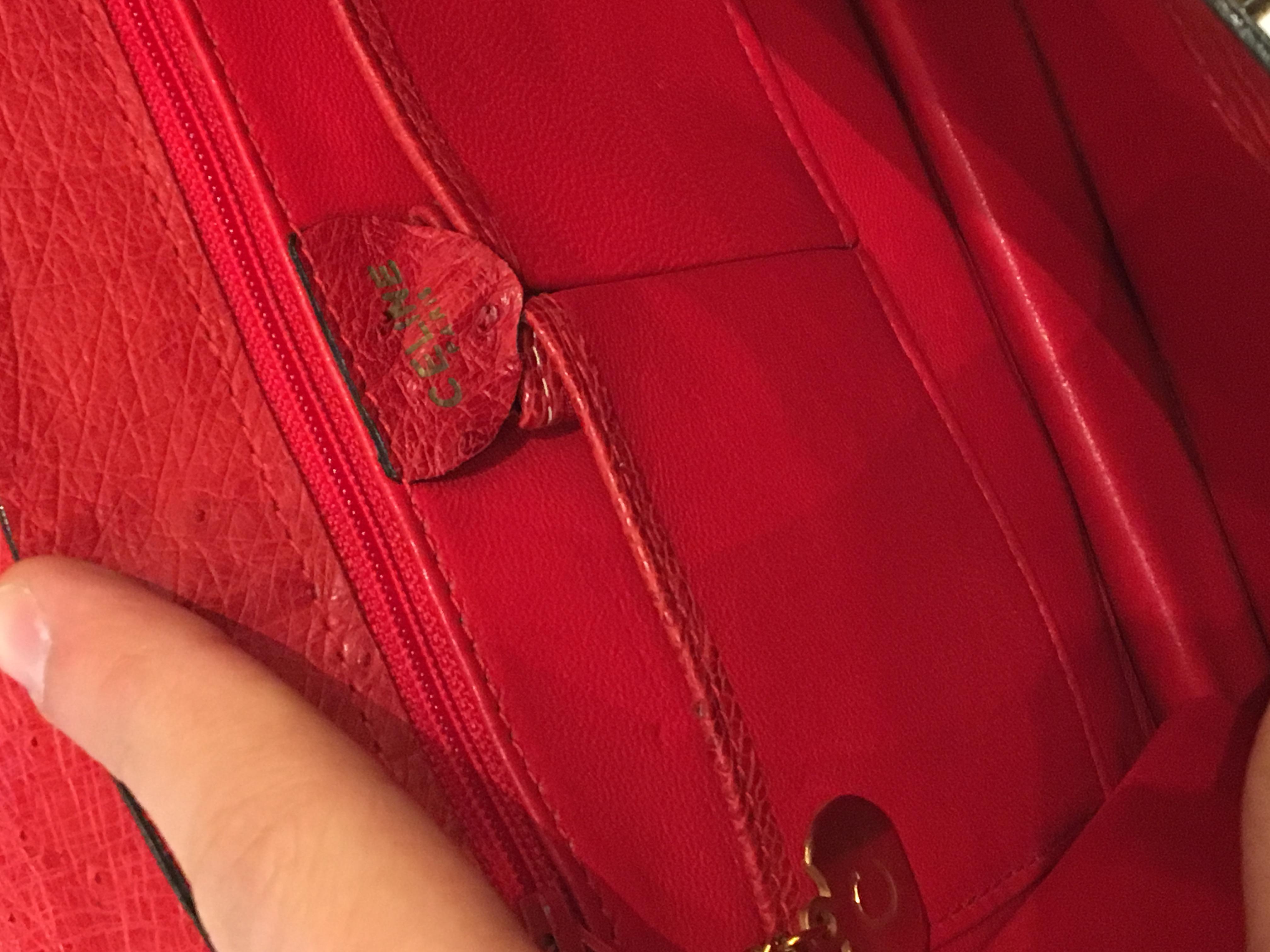 Vintage Celine Red Ostrich bag with golden hardware. 2