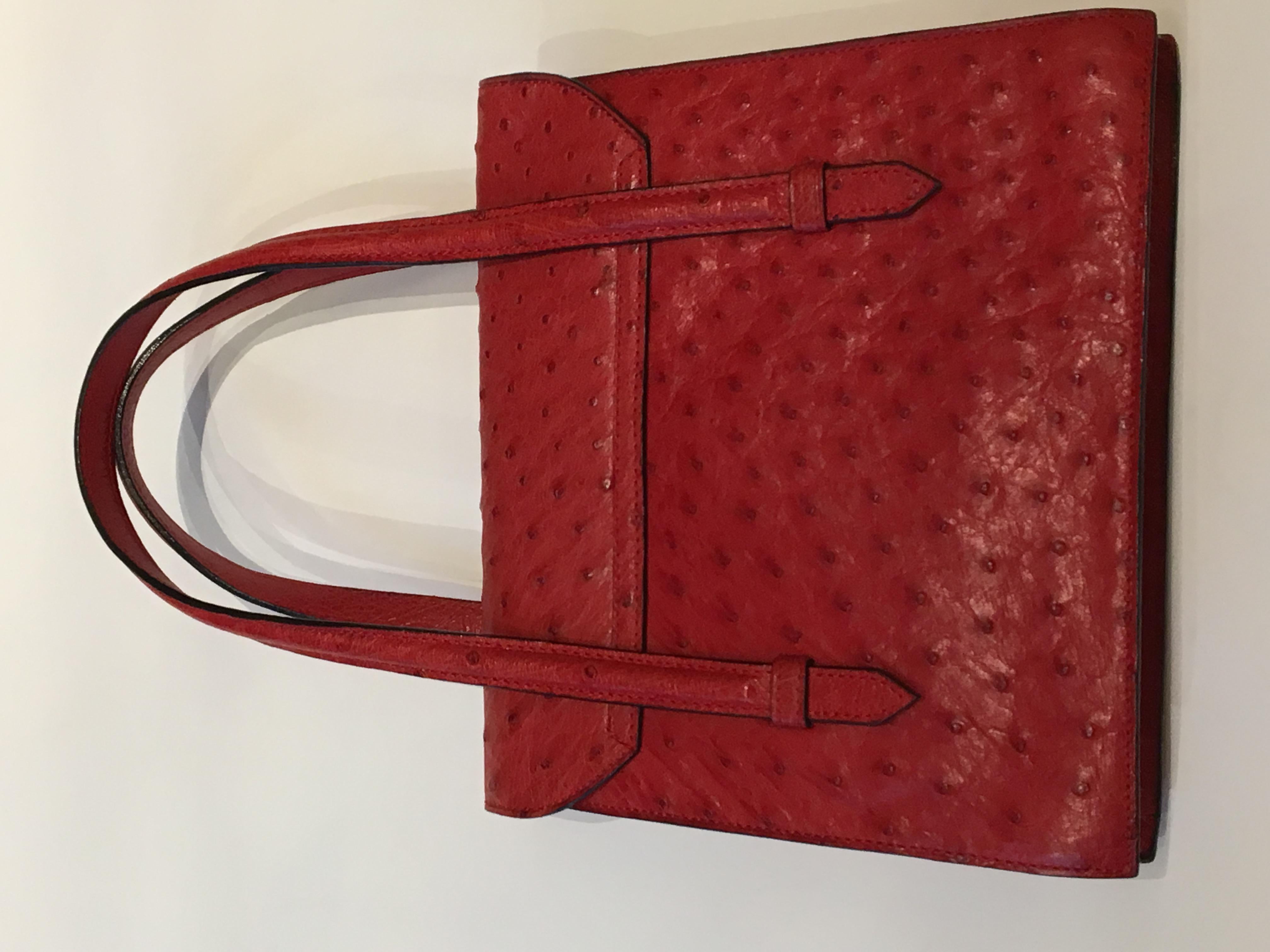Vintage Celine Red Ostrich bag with golden hardware. 3