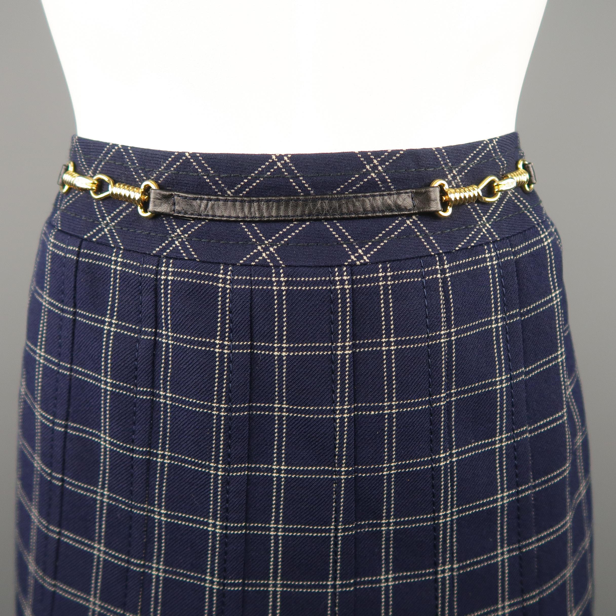 Vintage CELINE Size 10 Navy Windowpane Wool Pleated Skirt Set 5