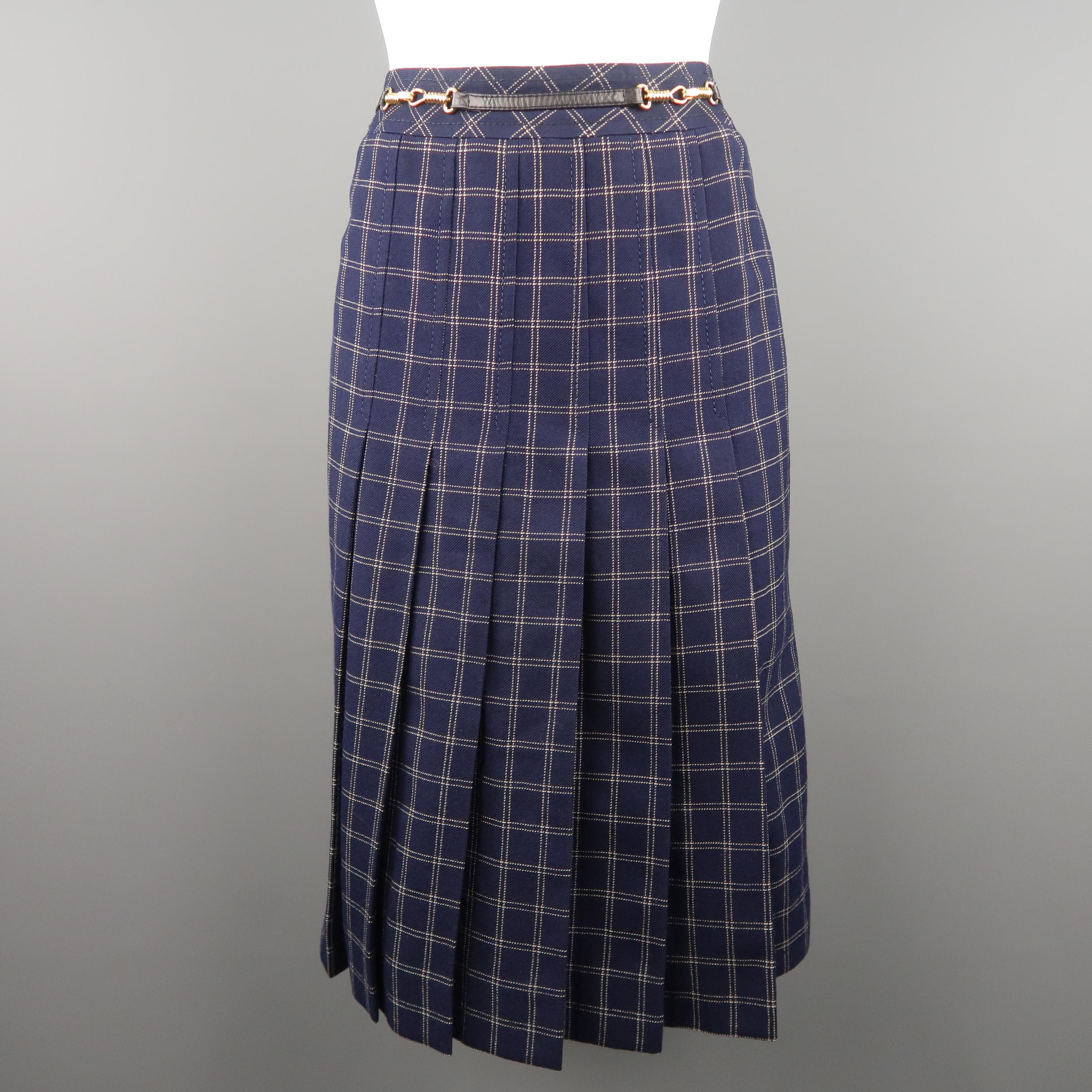 Vintage CELINE Size 10 Navy Windowpane Wool Pleated Skirt Set 4