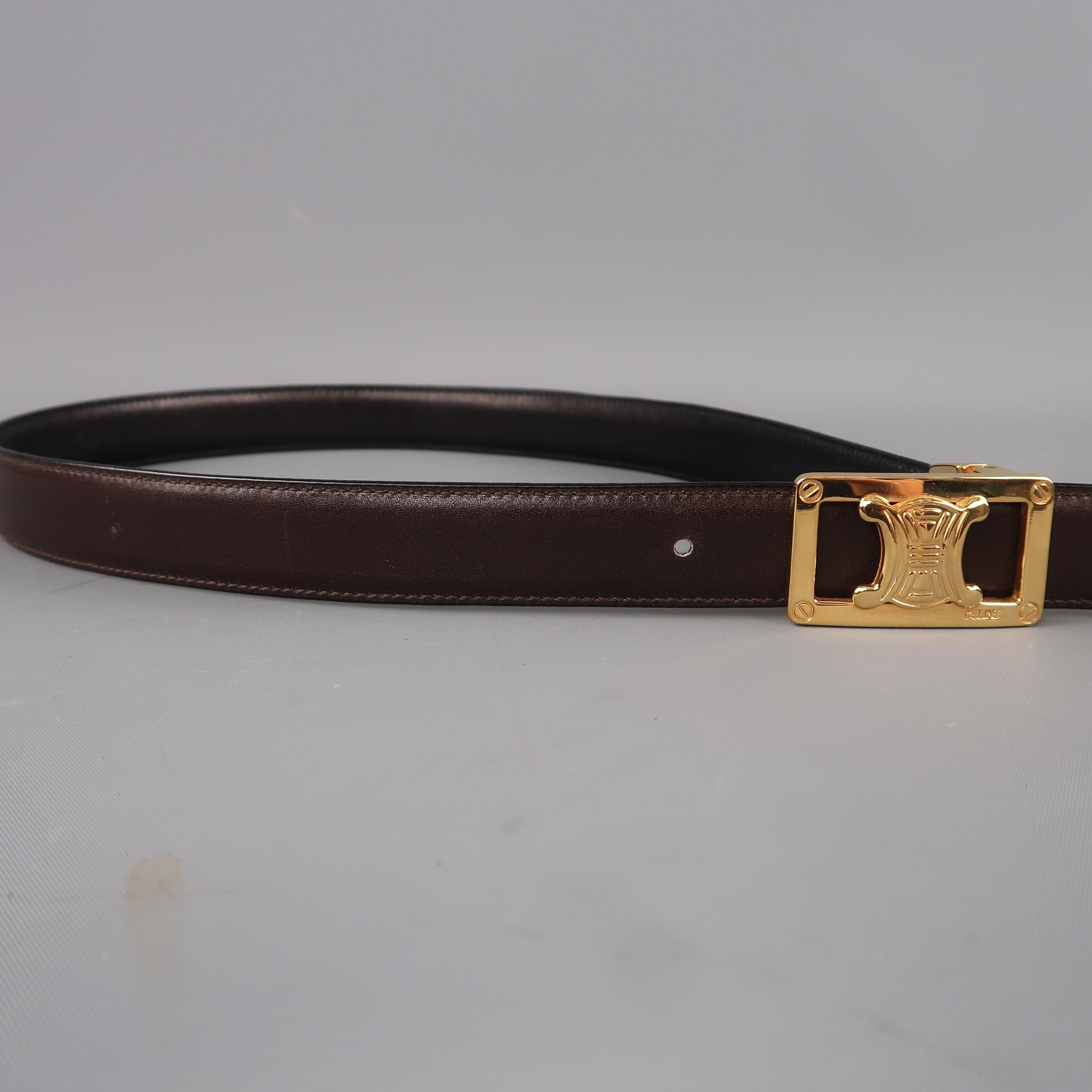 Vintage CELINE Size 30 Black & Brown Reversible Leather Gold Buckle Belt 1