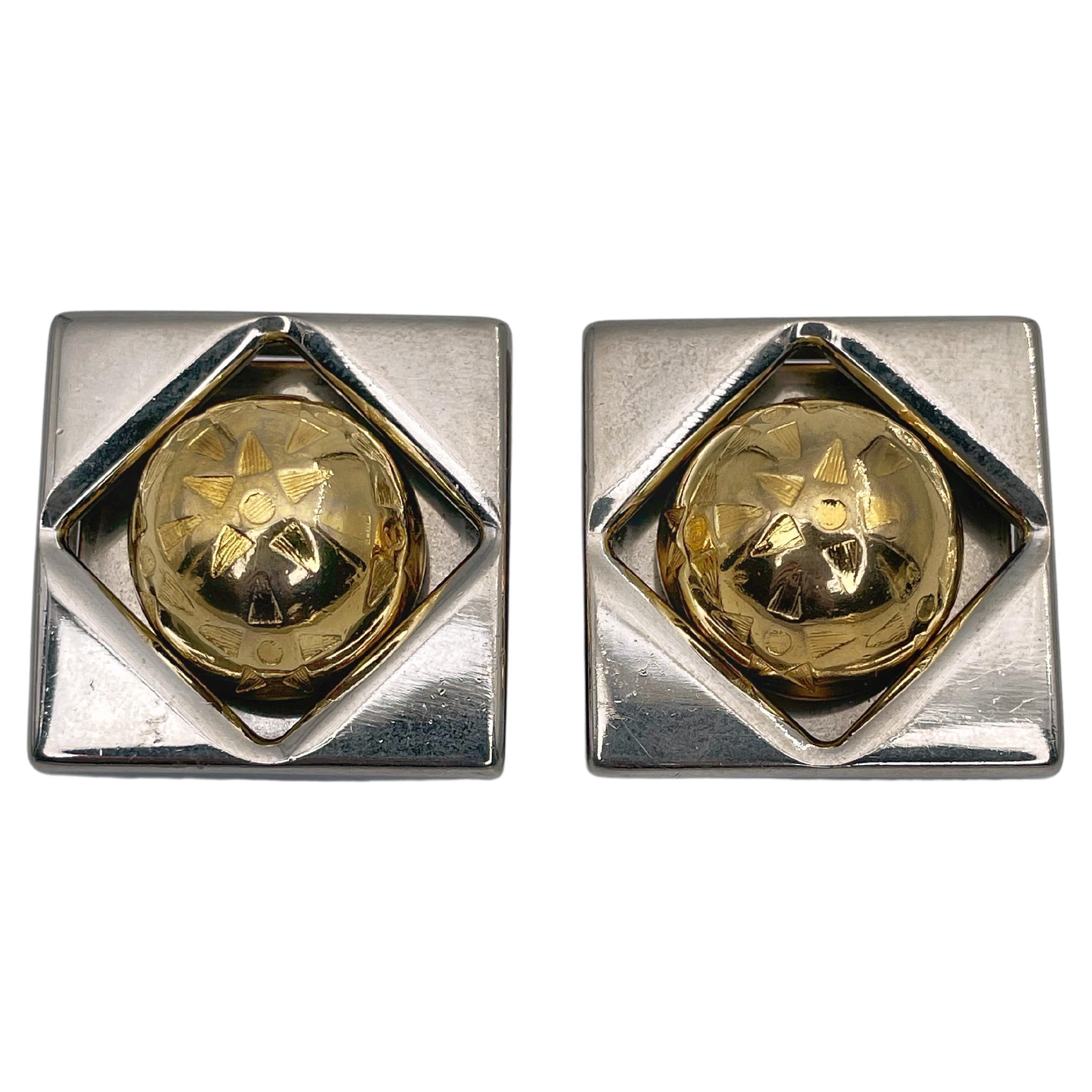 1989 Vintage Celine Square Spheric Globe Gold Silver Tone Clip on Earrings