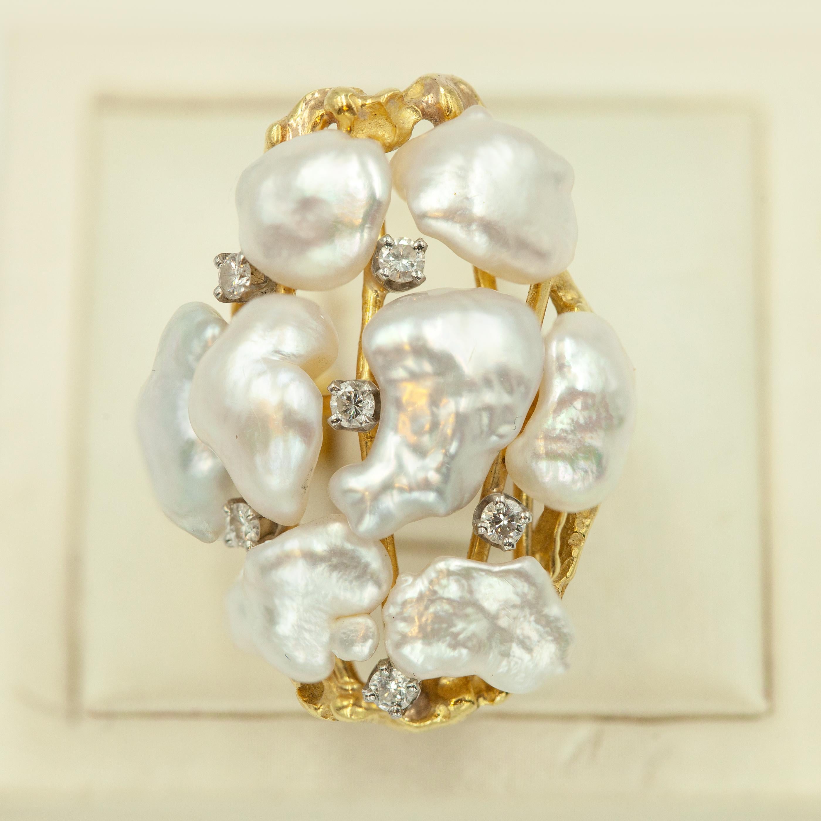 Vintage CELLINO 18K Diamond Baroque Pearl Cocktail Ring en vente 5