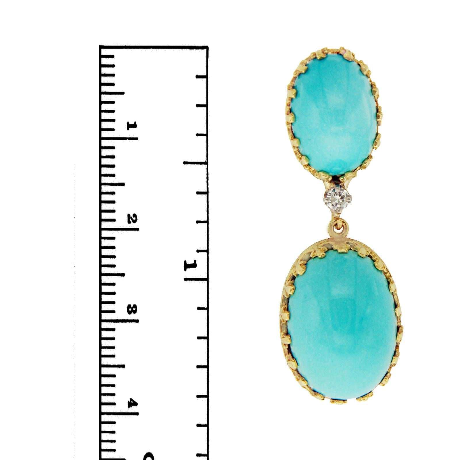 Oval Cut Vintage Cellino 18 Karat Yellow Gold Diamond Blue Turquoise Earrings