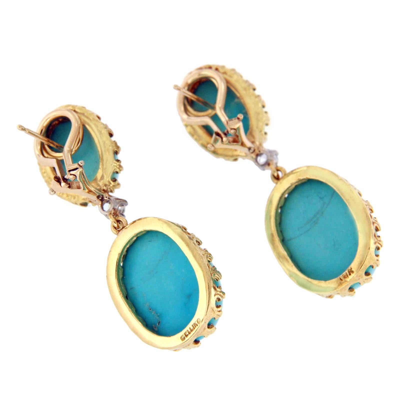Vintage Cellino 18 Karat Yellow Gold Diamond Blue Turquoise Earrings In Excellent Condition In Los Angeles, CA
