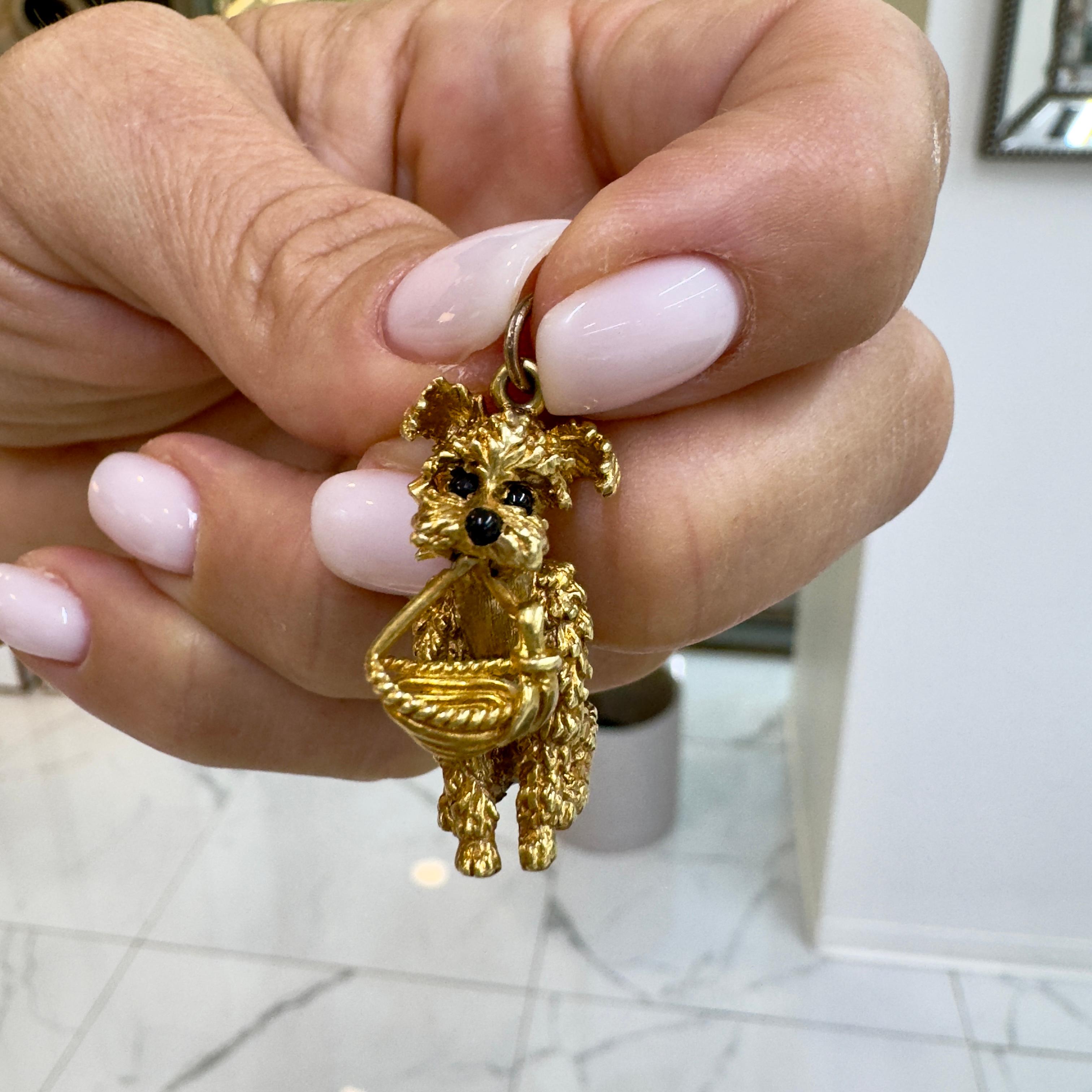 Vintage Cellino Or jaune 18K Onyx Schnauzer Poodle Dog Charm Pendentif en vente 2