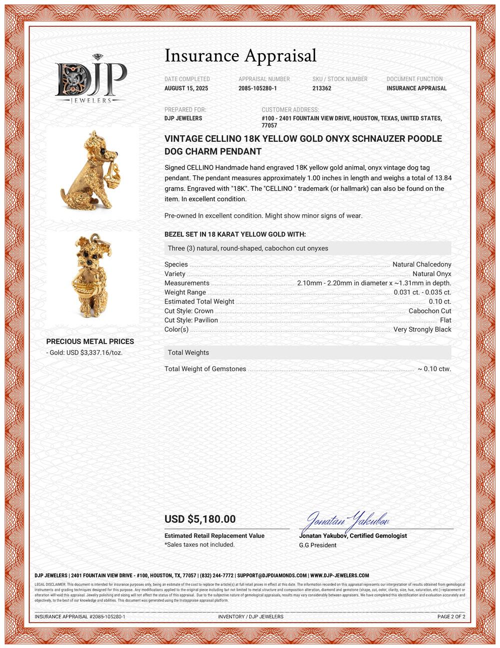 Vintage Cellino Or jaune 18K Onyx Schnauzer Poodle Dog Charm Pendentif en vente 3