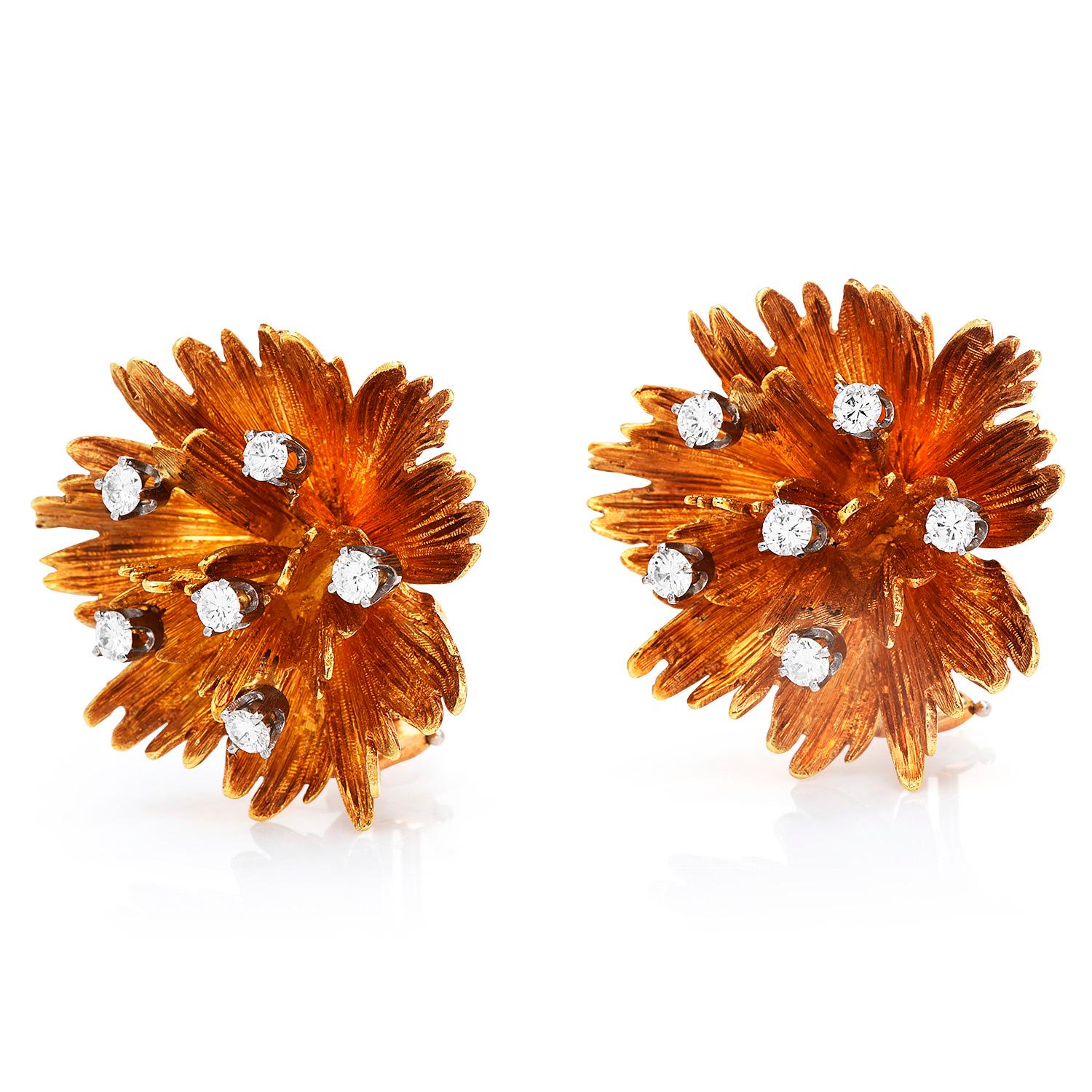 Vintage Cellino Diamond 18K White Gold Floral Clip on Earrings For Sale at  1stDibs