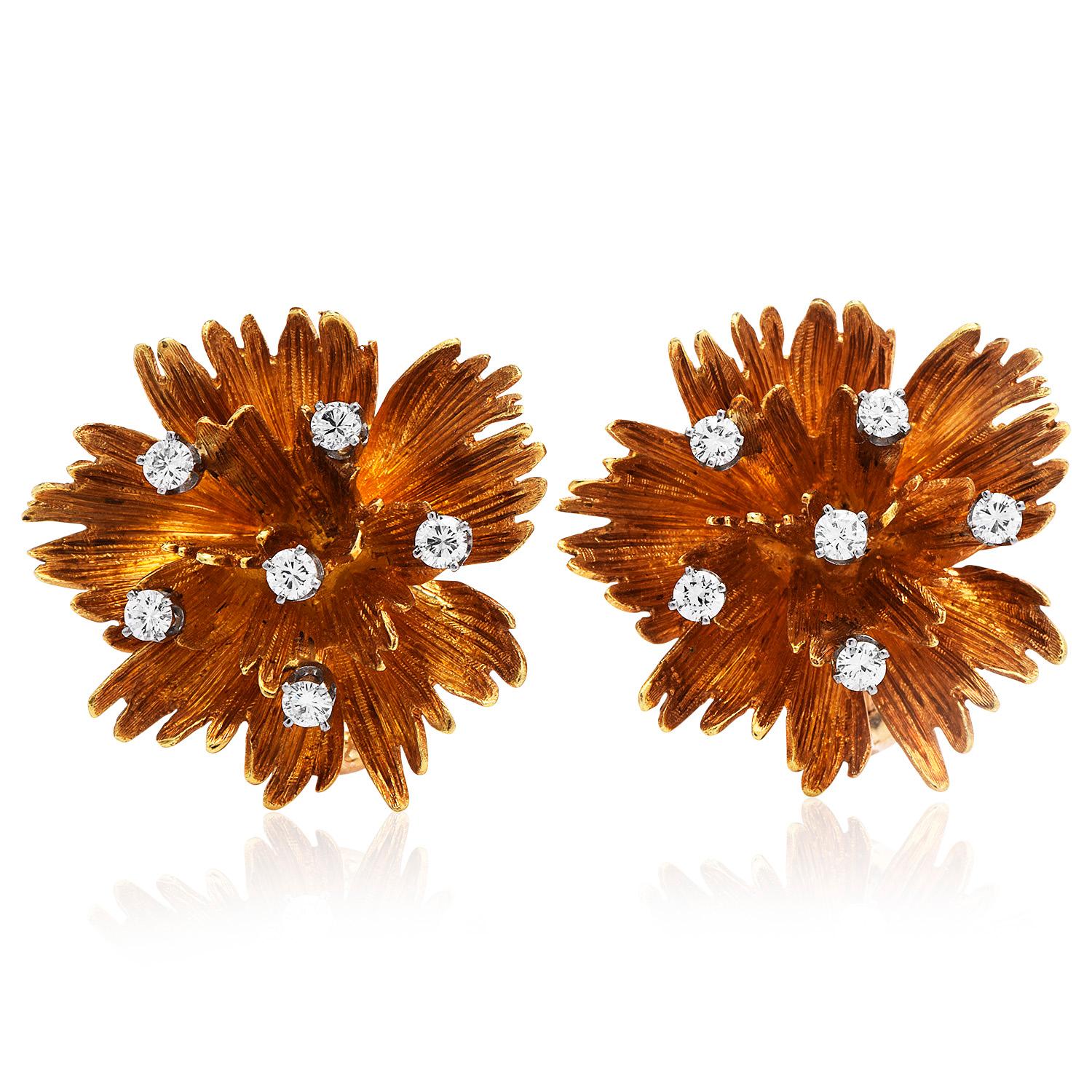 Vintage Cellino Diamant 18 Karat Weißgold Floral Clip-Ohrringe (Rundschliff)