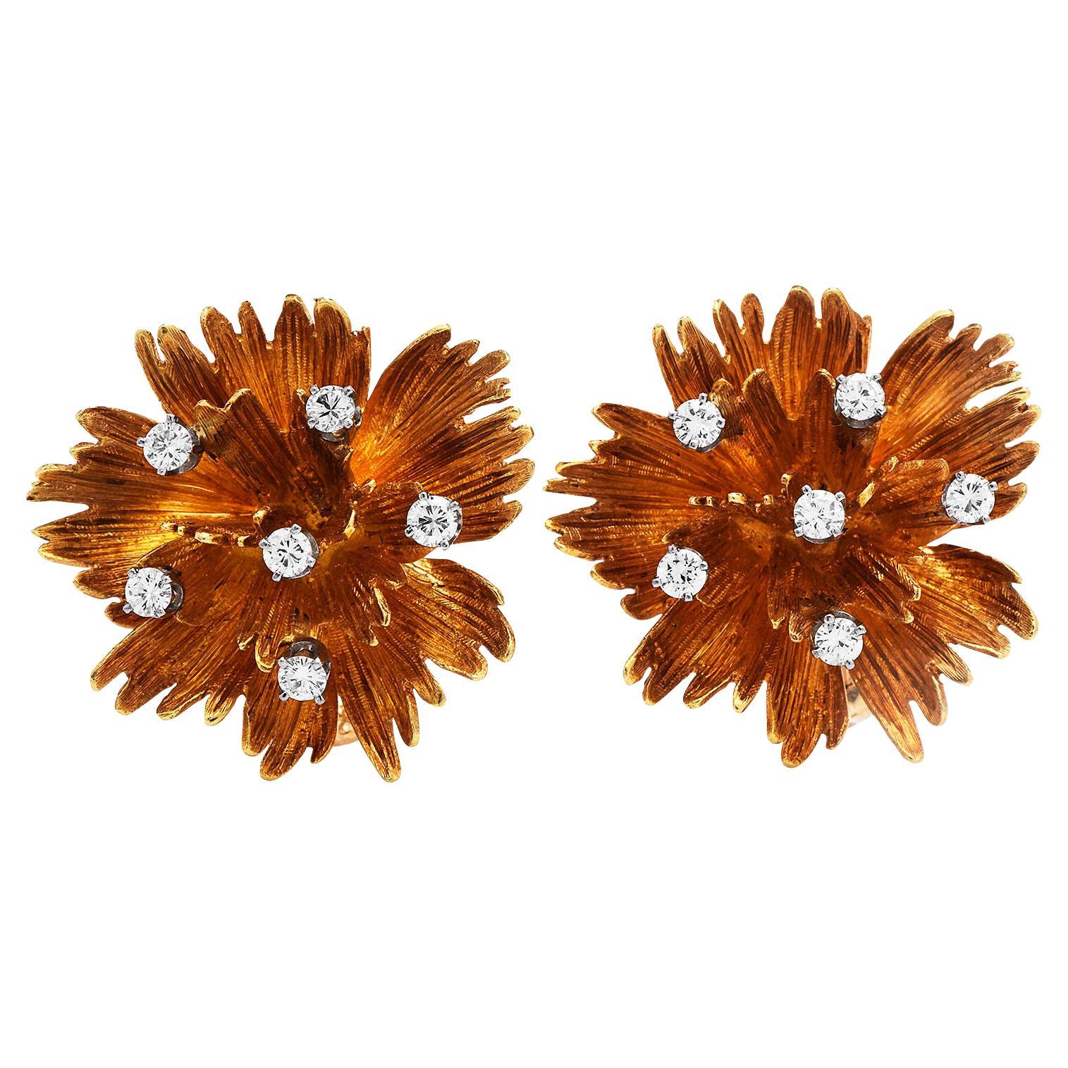 Vintage Cellino Diamant 18 Karat Weißgold Floral Clip-Ohrringe