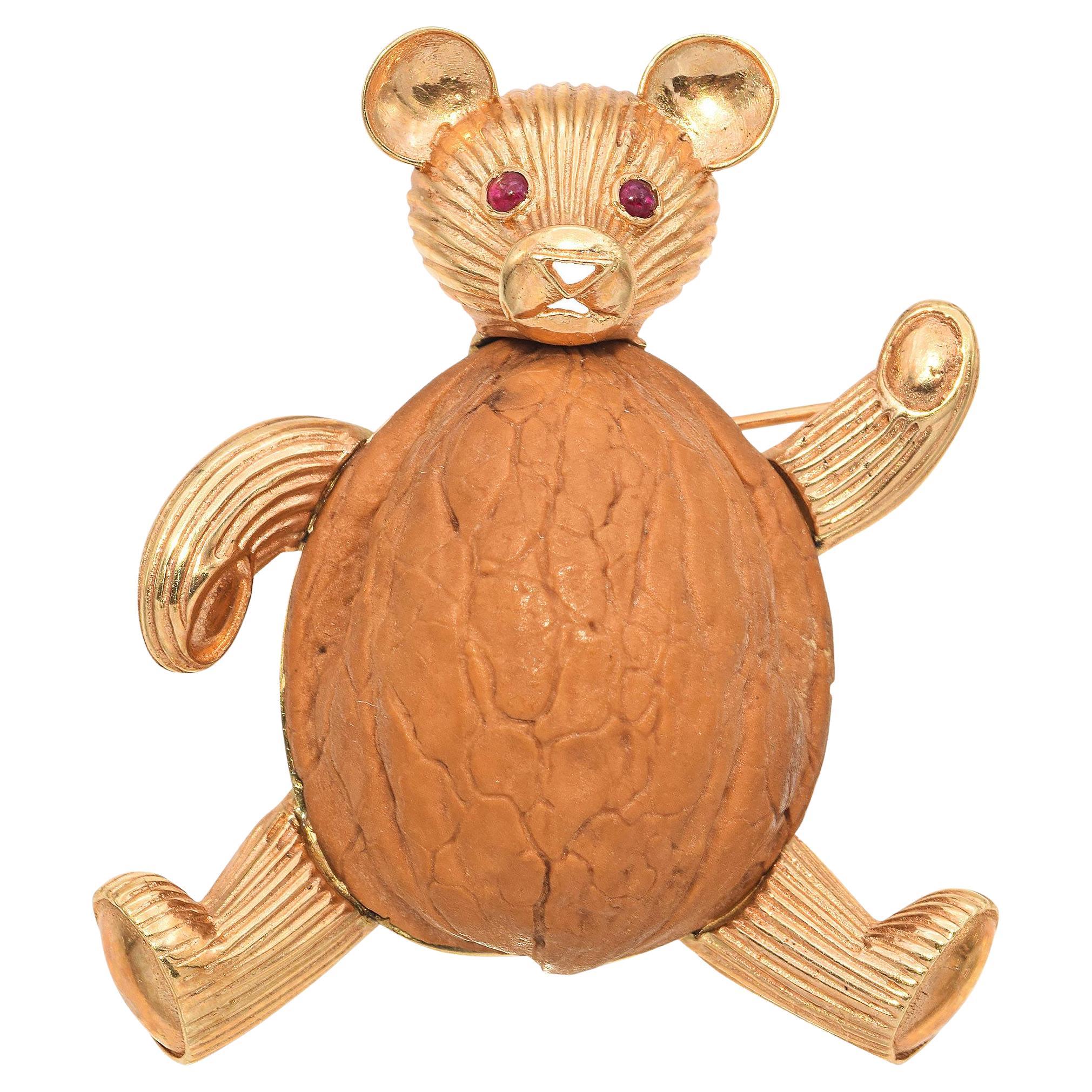 Vintage Cellino Yellow Gold Ruby Eyes and Walnut Belly Large Teddy Bear Brooch