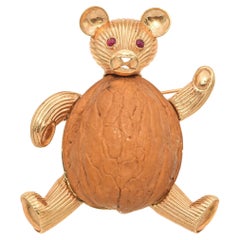 Vintage Cellino Yellow Gold Ruby Eyes and Walnut Belly Large Teddy Bear Brooch
