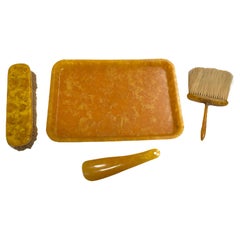 Vintage Celluloid Vanity Set with Tray, Clothing Brush, & Hat Brush