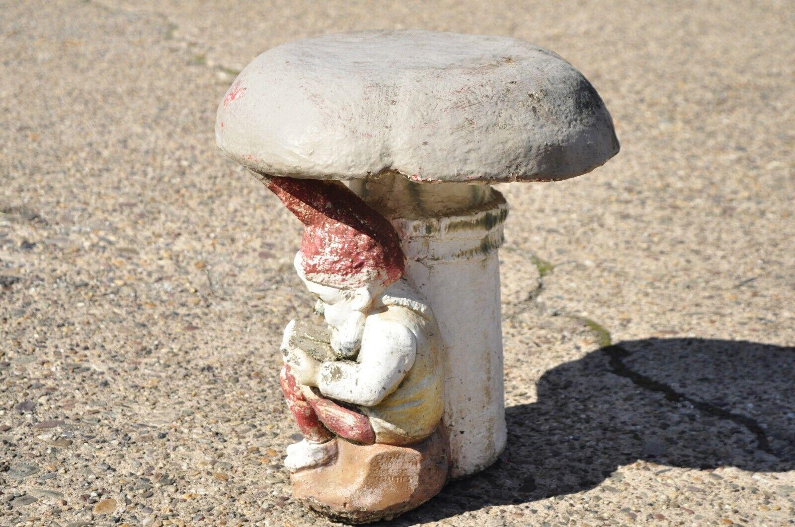 Hollywood Regency Vintage Cement Concrete Figural Elf under Mushroom Garden Stool Seat For Sale