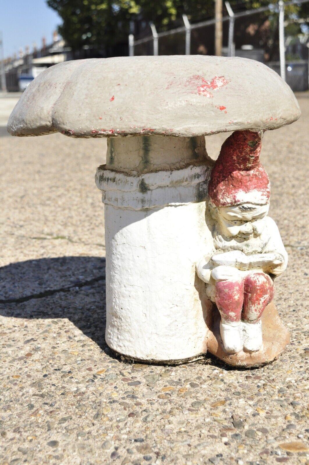 20th Century Vintage Cement Concrete Figural Elf under Mushroom Garden Stool Seat For Sale