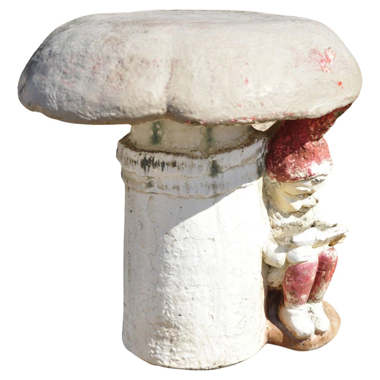 Vintage Cement Concrete Figural Elf under Mushroom Garden Stool Seat For Sale