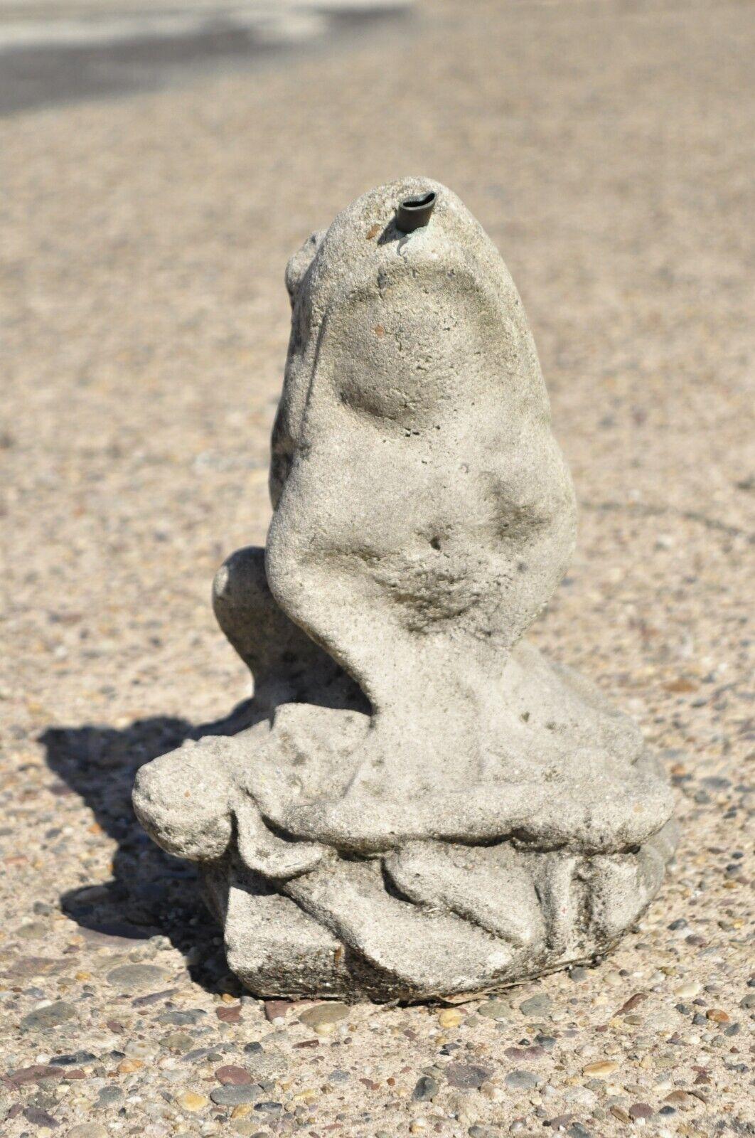 Vintage cement concrete small figural garden frog lawn ornament water fountain. Item features nice cast stone construction, approx. 25 lbs, very nice vintage item, great style and form. Circa mid-20th century. Measurements: 14
