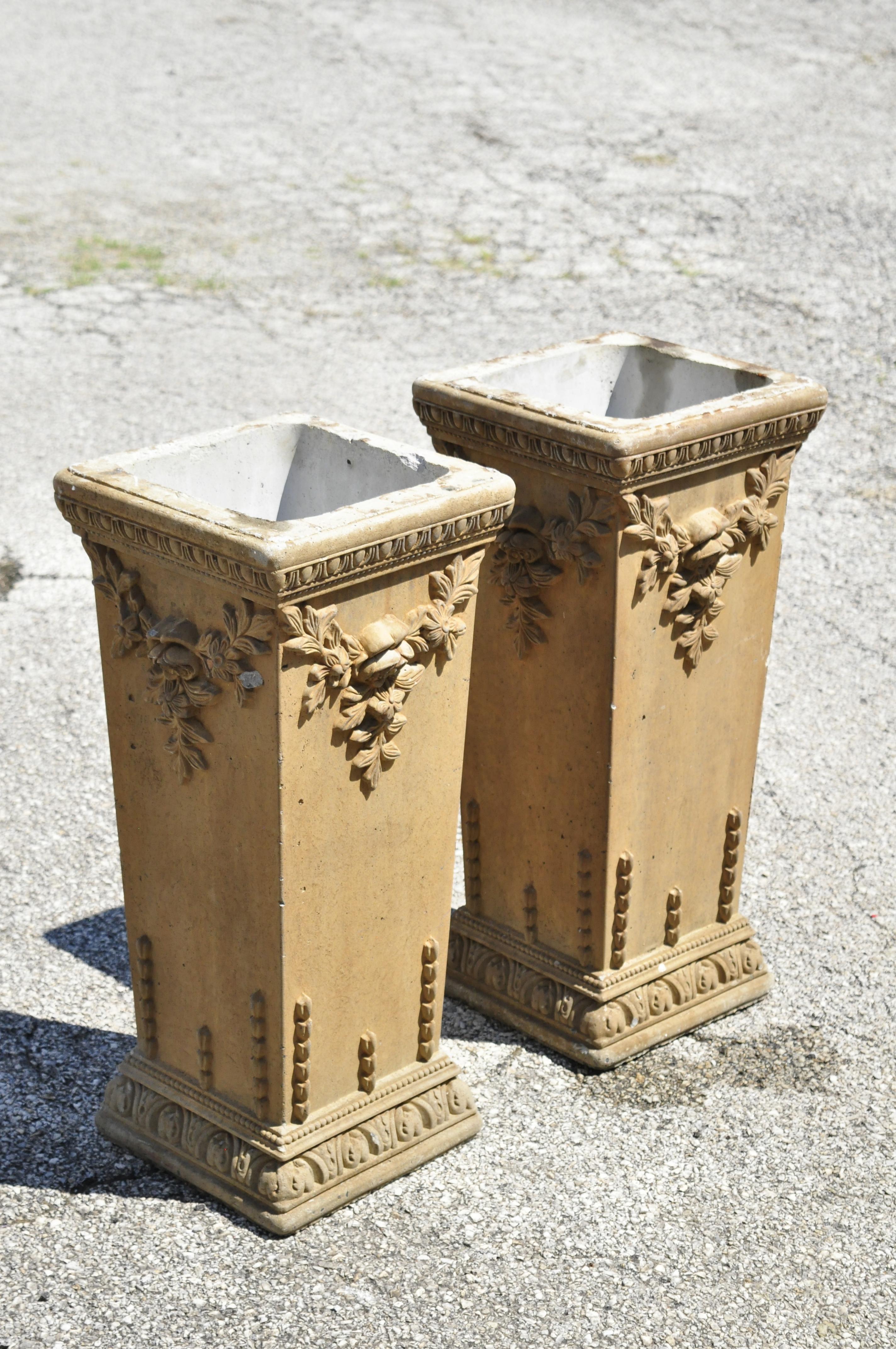 Vintage cement French Victorian tall floral pedestal planter pot stands, a pair. Item features cast cement construction, flower drapes, ornate details, very nice vintage pair, great style and form. Can be used as pedestals or flipped around and used