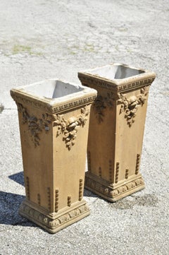 Vintage Cement French Victorian Tall Floral Pedestal Planter Pot Stands, a Pair