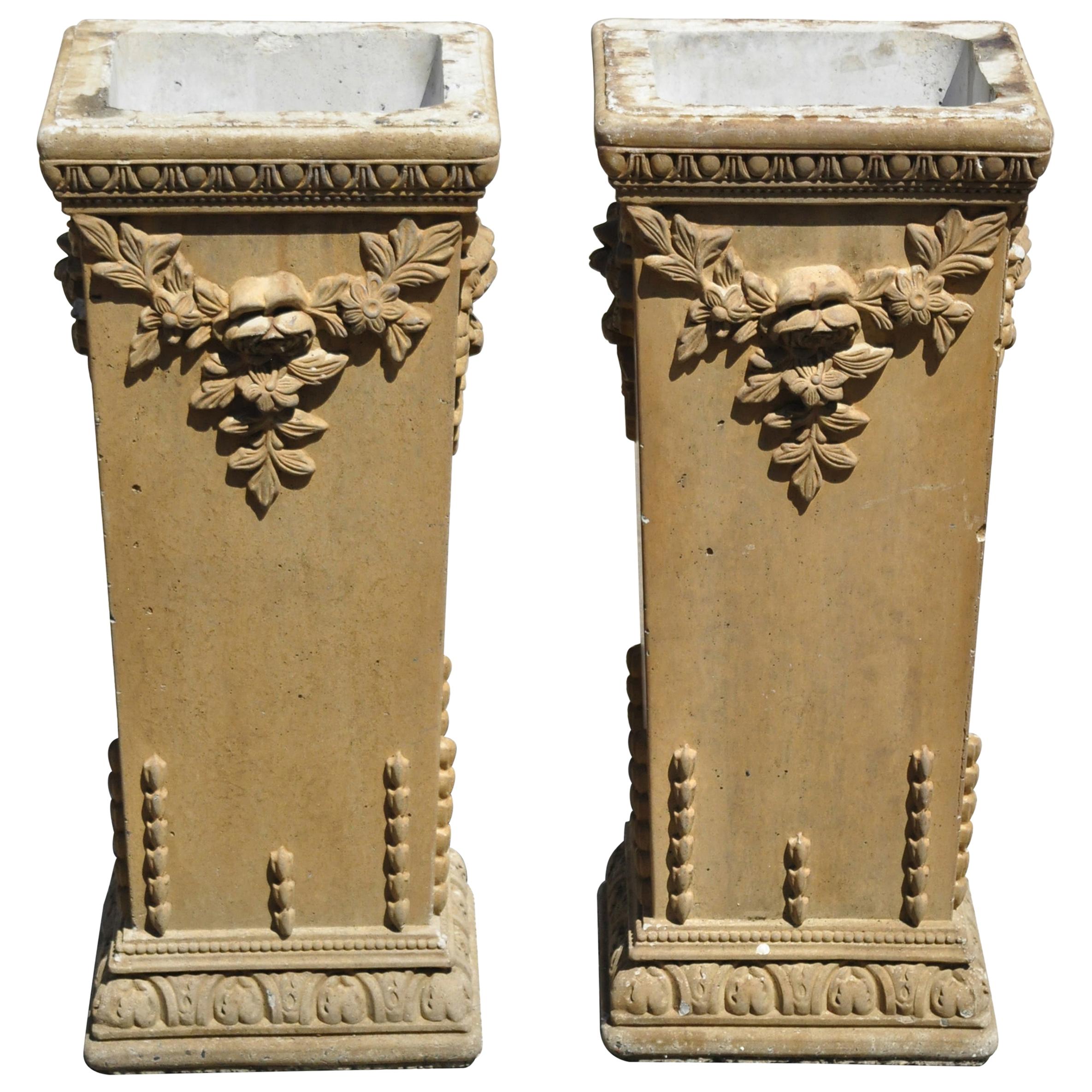 Vintage Cement French Victorian Tall Floral Pedestal Planter Pot Stands, a Pair