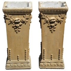 Retro Cement French Victorian Tall Floral Pedestal Planter Pot Stands, a Pair