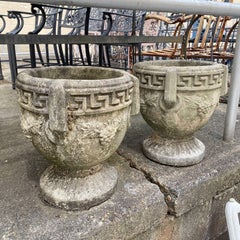 Vintage Cement Greek Key Grapevine 14" Outdoor Garden Planter Pots - a Pair
