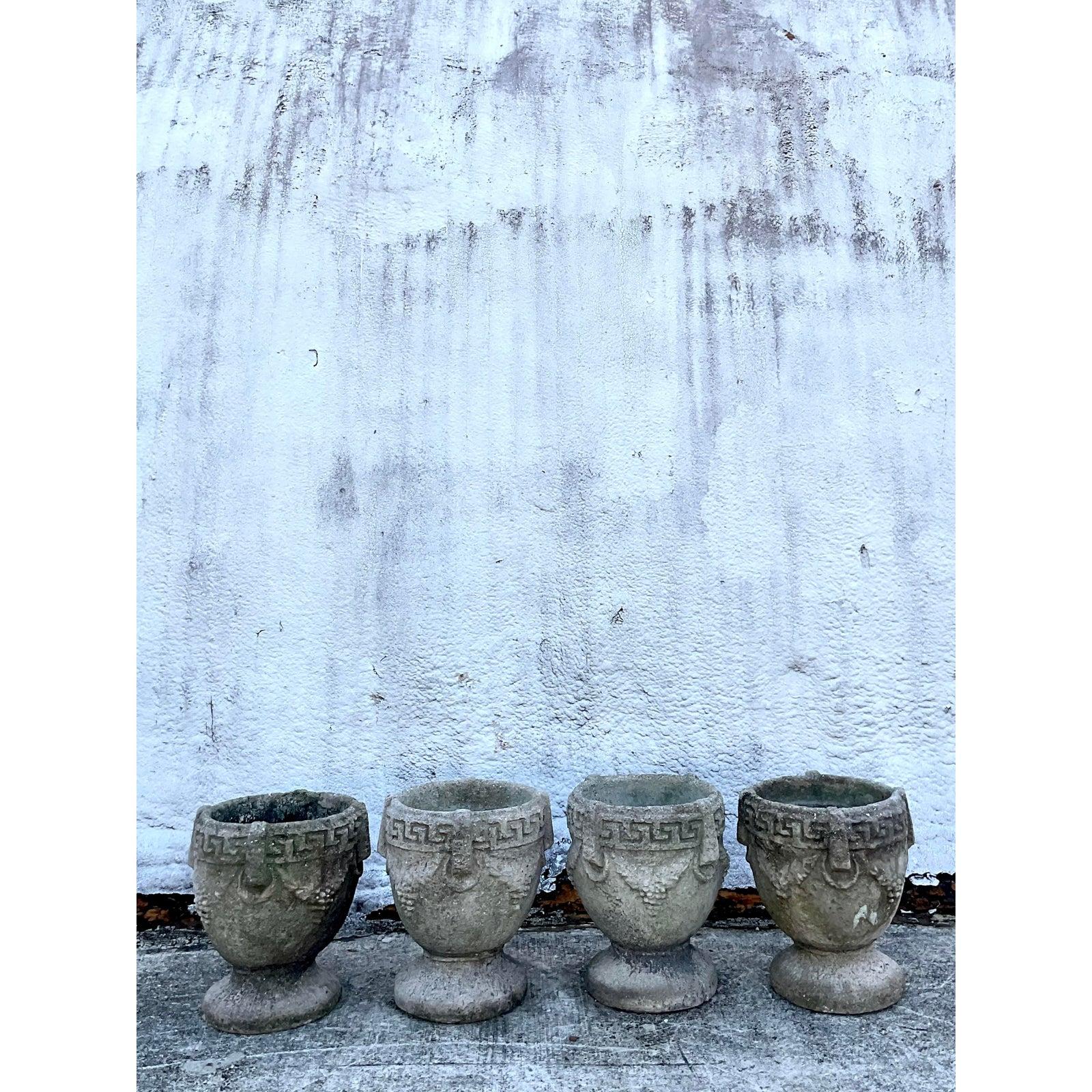 Vintage Cement Greek Key Planters, Set of 4 2