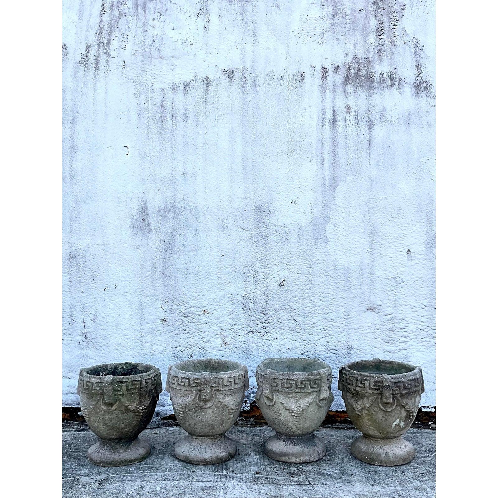 Hollywood Regency Vintage Cement Greek Key Planters, Set of 4