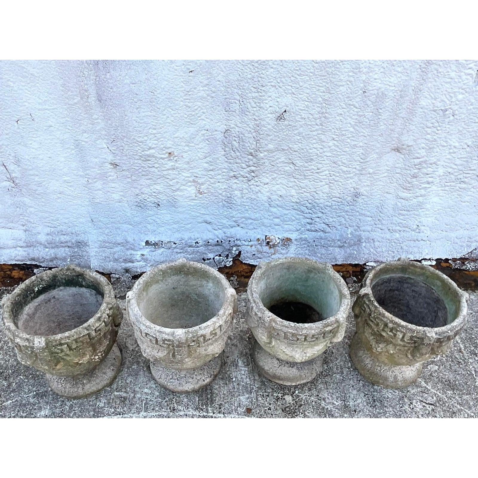North American Vintage Cement Greek Key Planters, Set of 4
