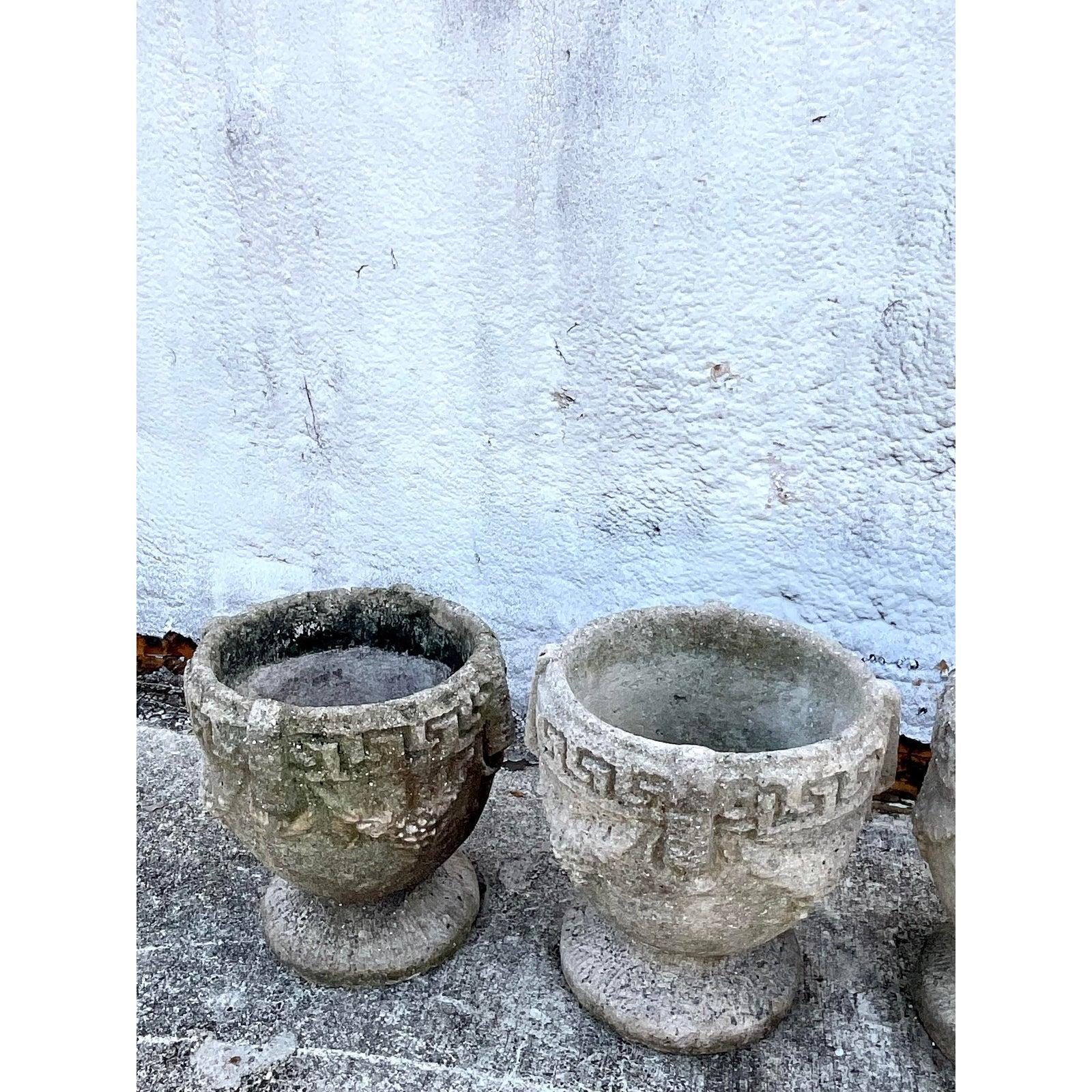 Vintage Cement Greek Key Planters, Set of 4 In Good Condition In west palm beach, FL