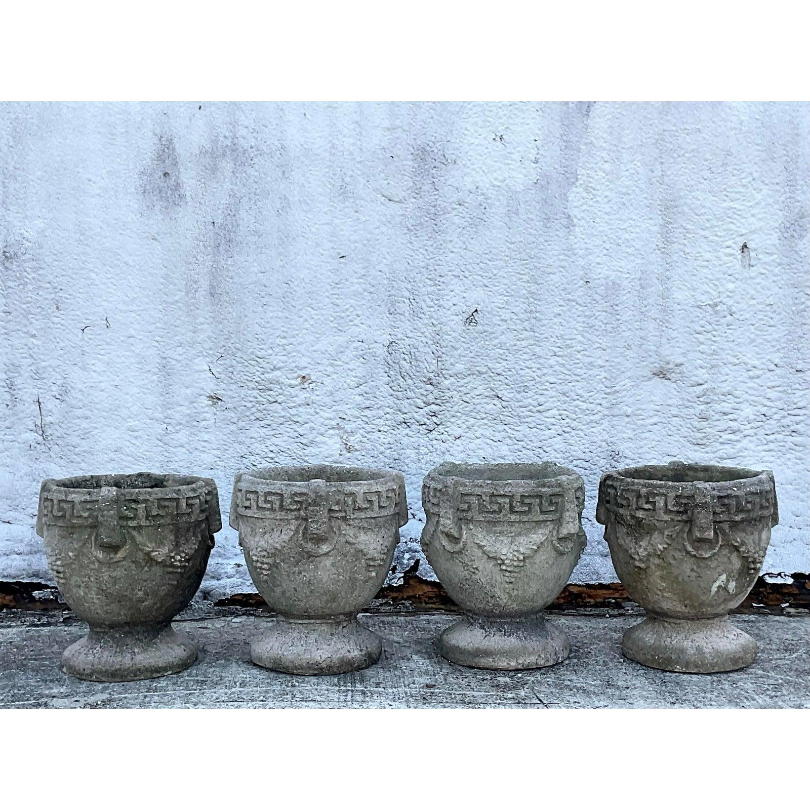 20th Century Vintage Cement Greek Key Planters, Set of 4