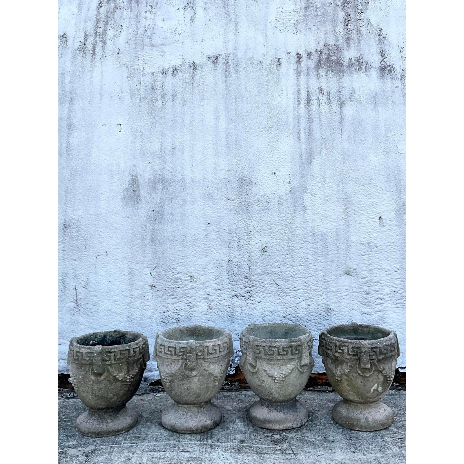 Concrete Vintage Cement Greek Key Planters, Set of 4