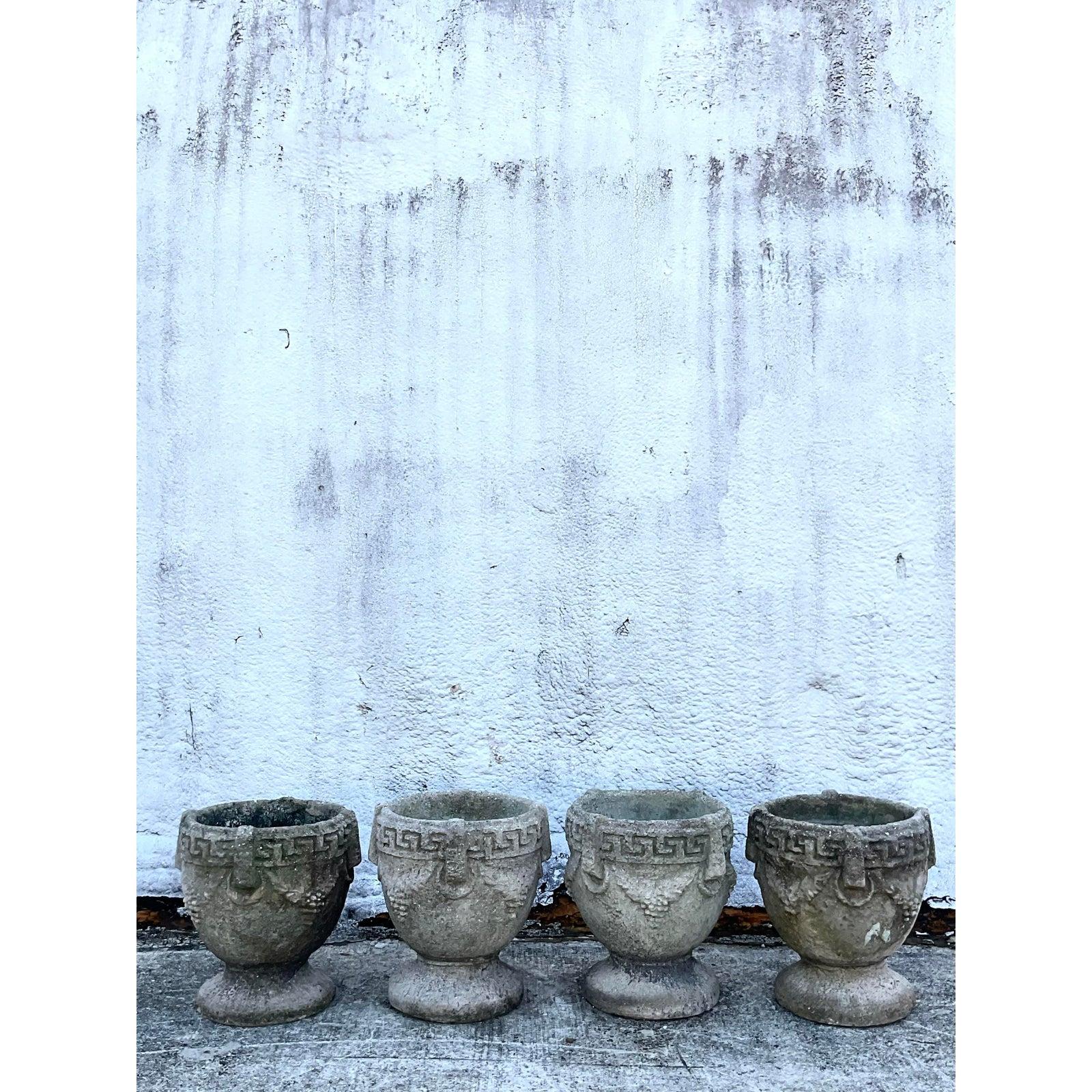 Vintage Cement Greek Key Planters, Set of 4 1