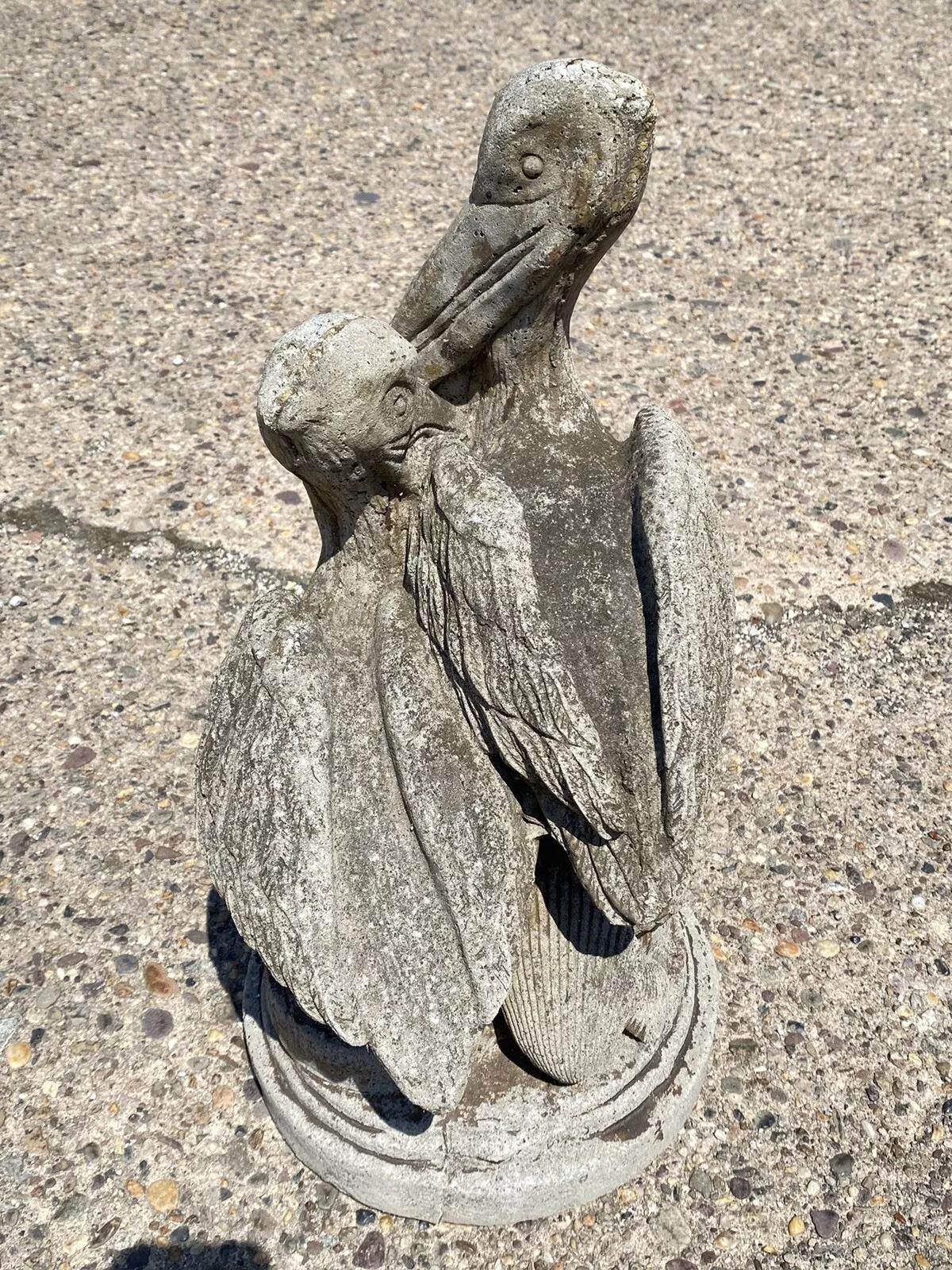 Vintage Cement Pelican Bird Loving Couple Beach Garden Statue Sculpture In Good Condition In Philadelphia, PA