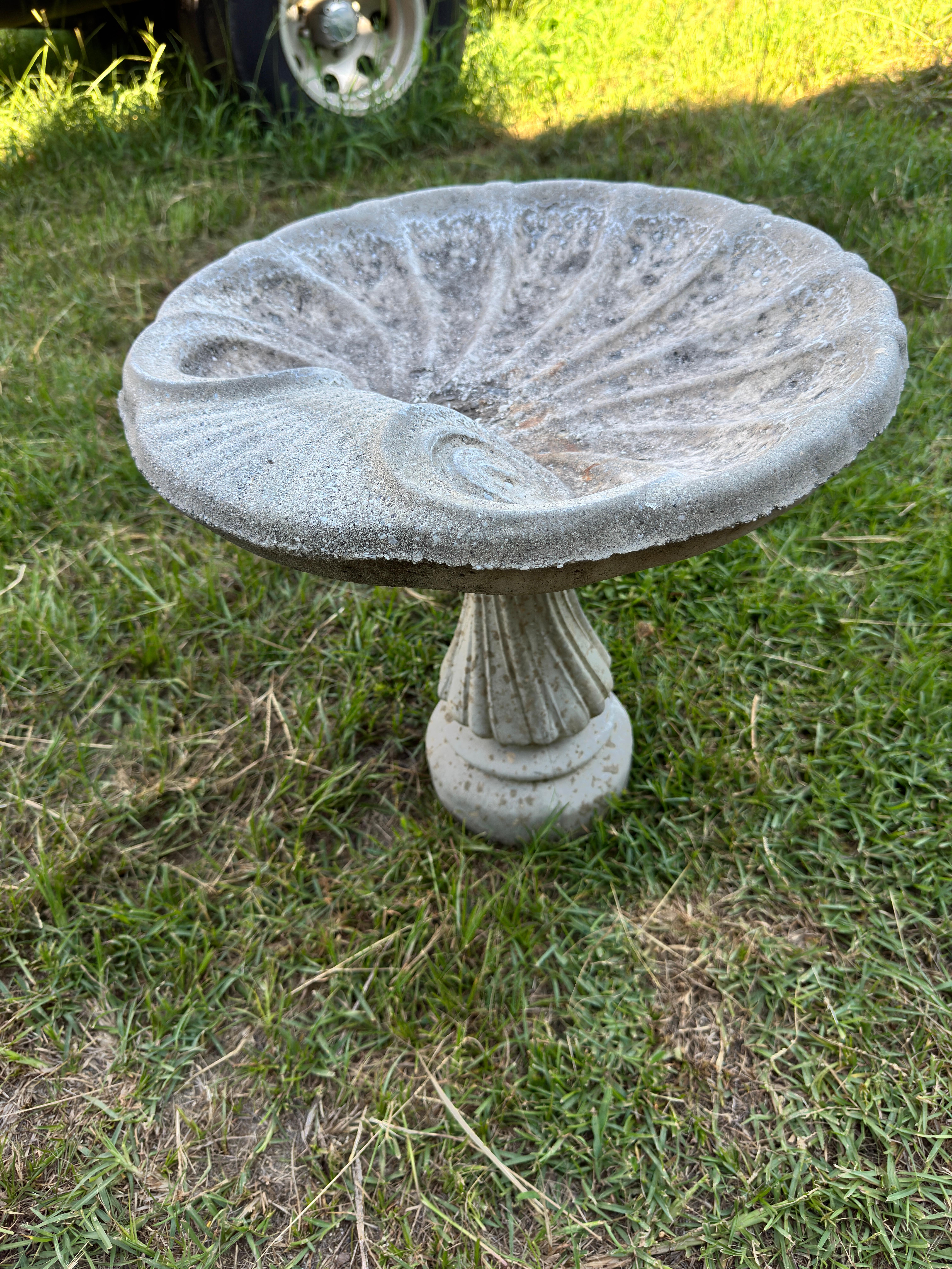 Bain d'oiseaux en béton avec un motif de coquillage. La partie supérieure et la base sont deux pièces séparées, mais elles s'emboîtent parfaitement pour éviter qu'elles ne se renversent. L'intérieur du bain d'oiseaux est un peu usé. Une certaine