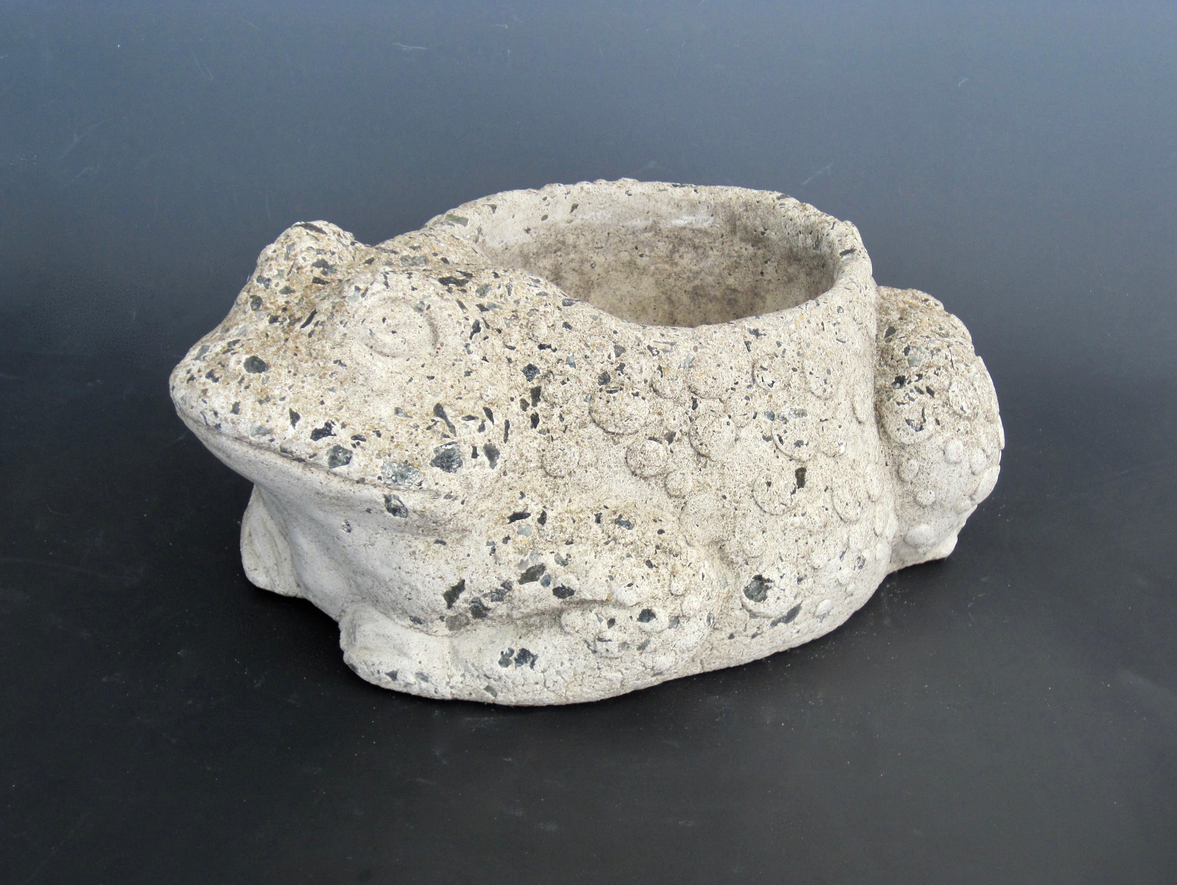 Charming cement toad or frog  planter pot with pebbled exterior.