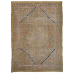 High 
Low Pile Vintage Rug with Colorful Poms. Handmade Wool Carpet 8.4x11.3 Ft