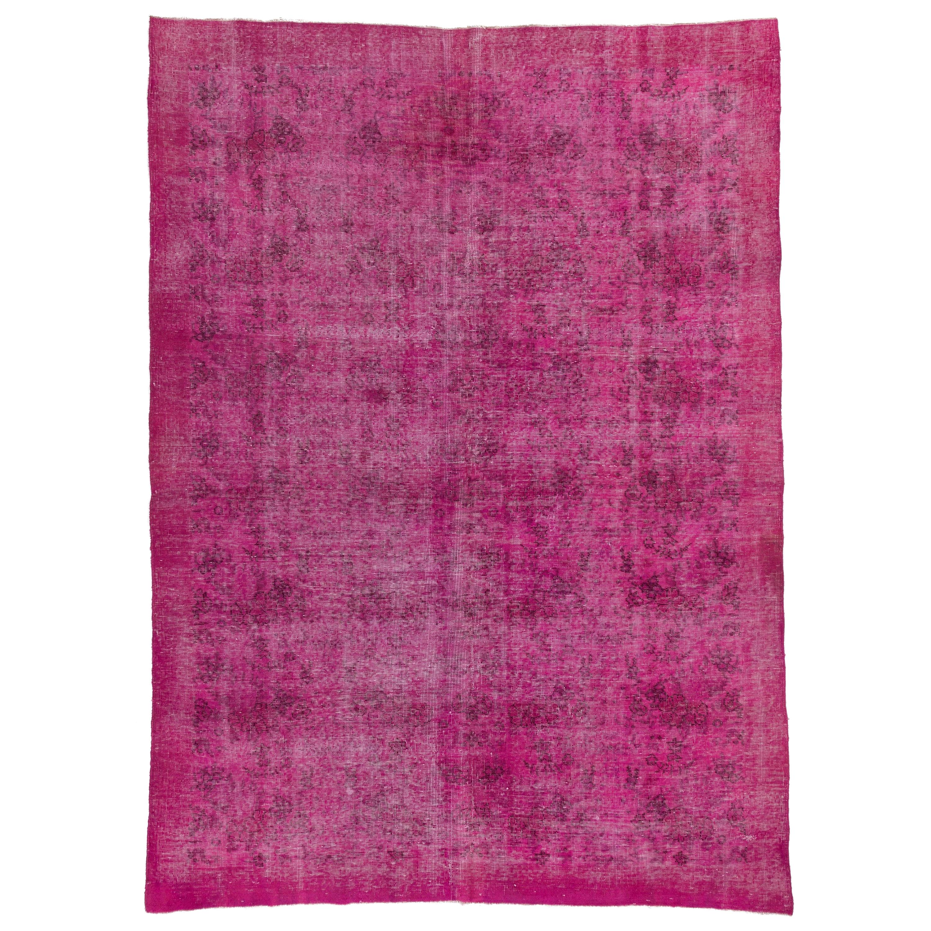 Vintage Handmade Turkish Wool Rug Over-dyed in Pink Color