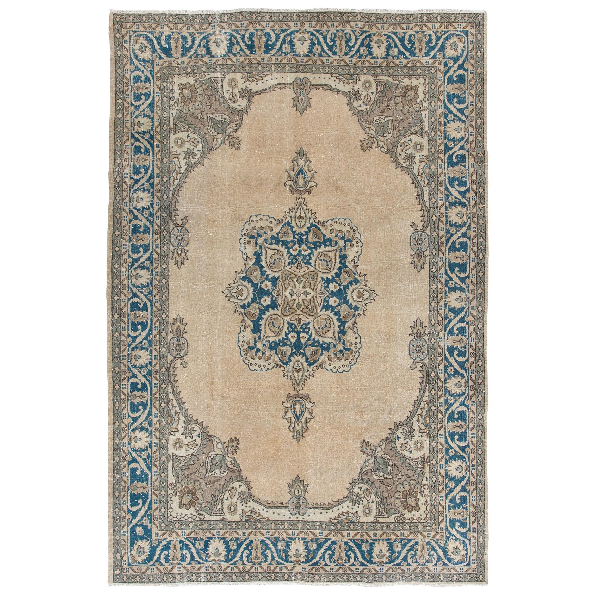 Vintage Turkish Oushak Rug in Beige, Brown and Light Blue Colors, All
