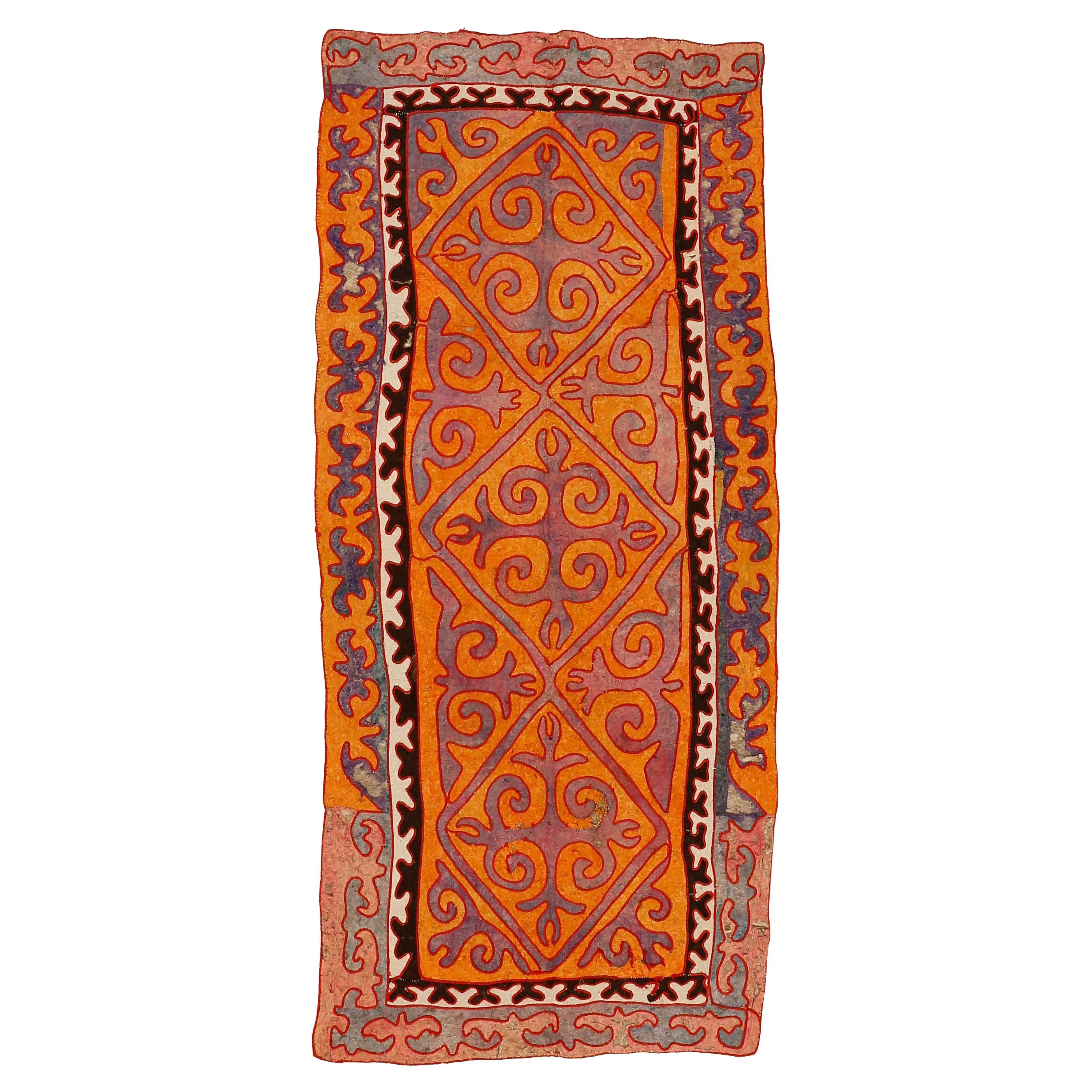 Vintage Central Asian Orange Felt Rug with Ancient Pattern For Sale
