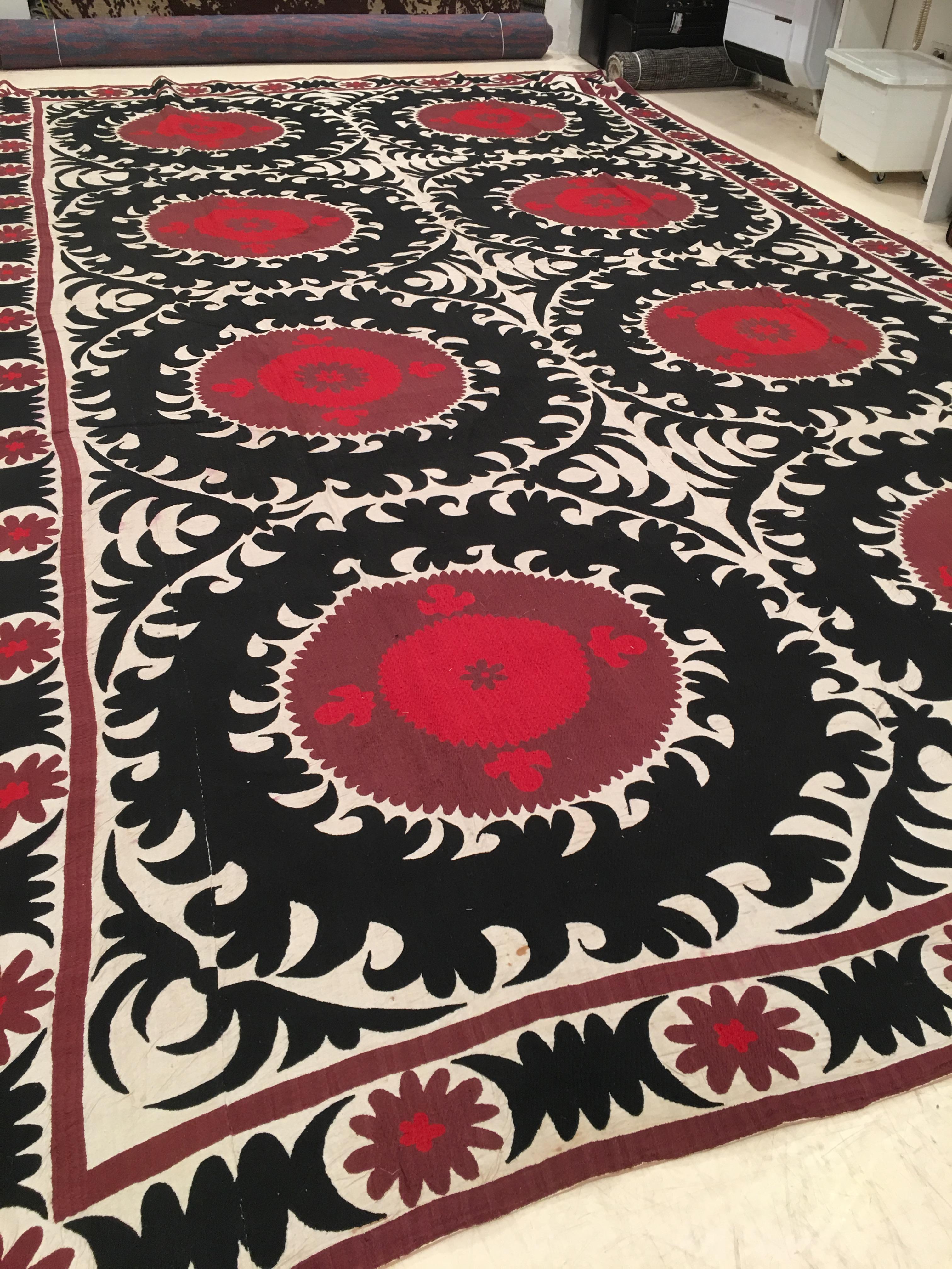 Cotton Vintage Central Asian Oversized Silk Suzani Embroidered Rug For Sale